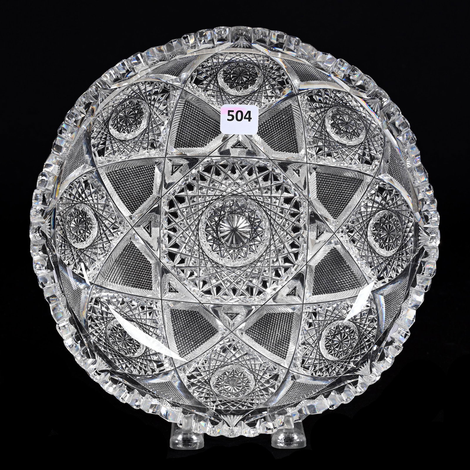 Low Bowl, American Brilliant Cut Glass: Low Bowl, American Brilliant Cut Glass, 2.25" x 9", Hobstar And Strawberry Diamond Motif, Nicely Cut, Estate Of Dr. Barry and Dee Free.