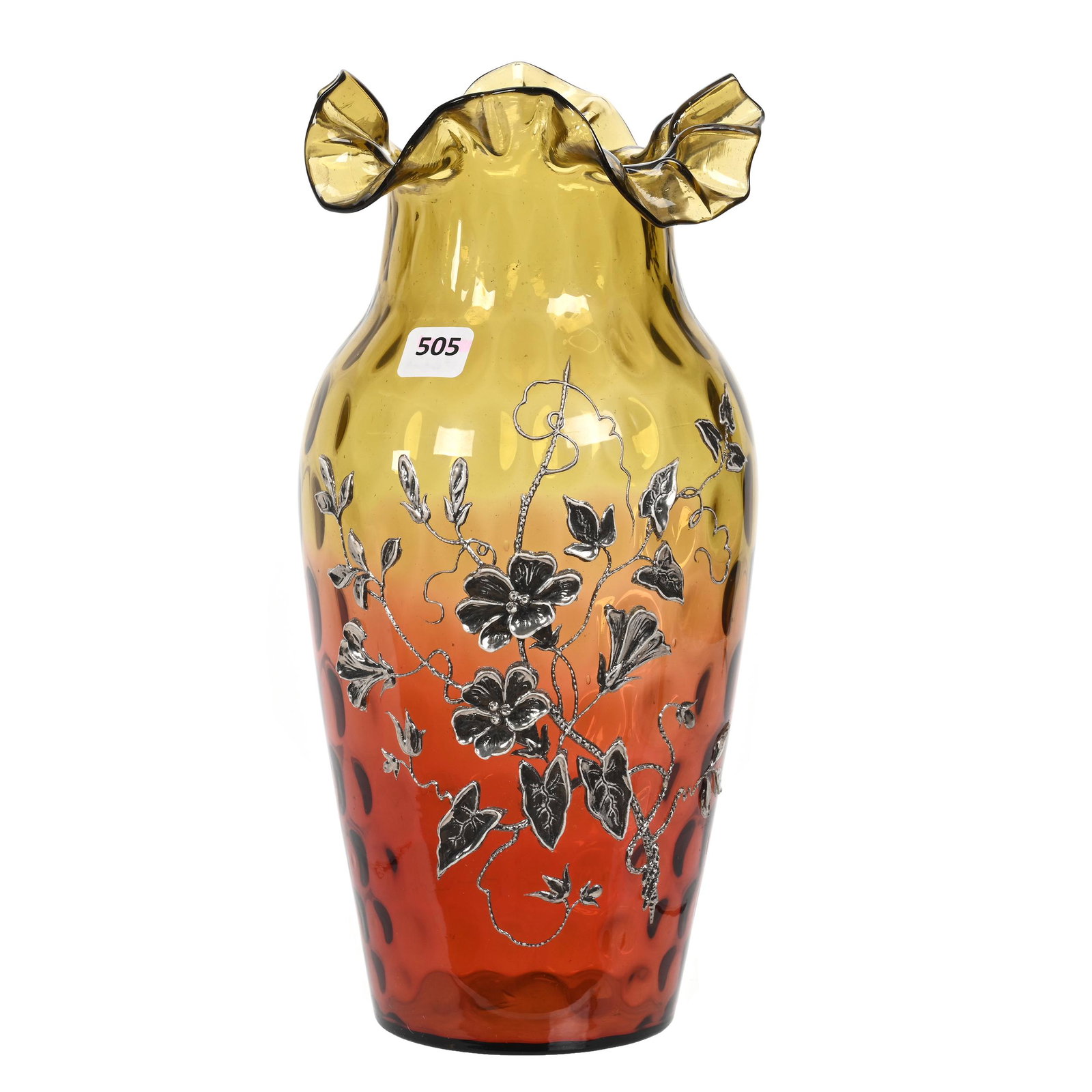 Vase, Green Shading To Orange Art Glass: Vase, Green Shading To Orange Art Glass, 11.5" x 5.25", Coinspot Design, Applied Silver Enamel Floral Blossom Decor, Estate Of Dr. Barry and Dee Free.
