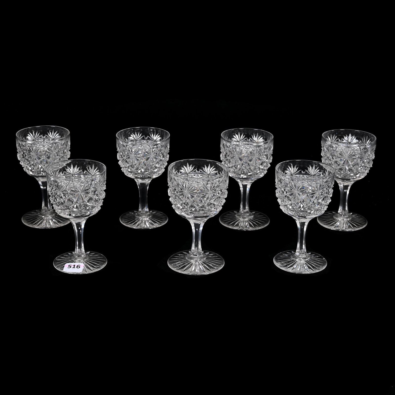(7) Wine Stems, American Brilliant Cut Glass, Russian Pattern: (7) Wine Stems, American Brilliant Cut Glass, Russian Pattern, 4.5" x 2.5", Star Cut Buttons, Ray Cut Foot, Estate Of Dr. Barry and Dee Free.