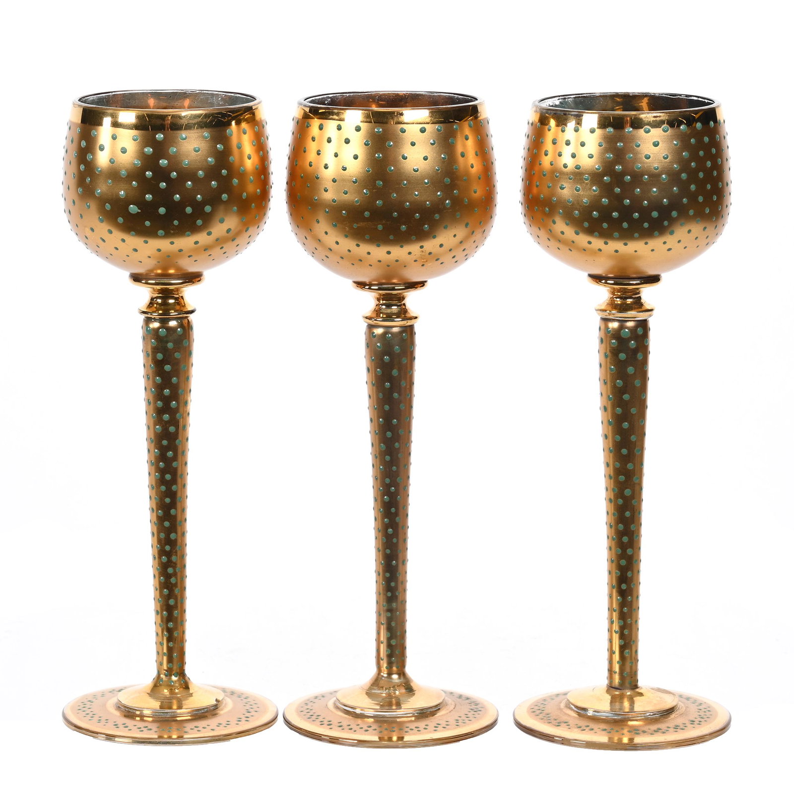 (3) Wine Stems, Clear Art Glass, Gold Overlay: (3) Wine Stems, Clear Art Glass, Gold Overlay, 8" x 2.75", Turquoise Beaded Tapestry Highlights, Attributed To Bohemia, Estate Of Dr. Barry and Dee Free.