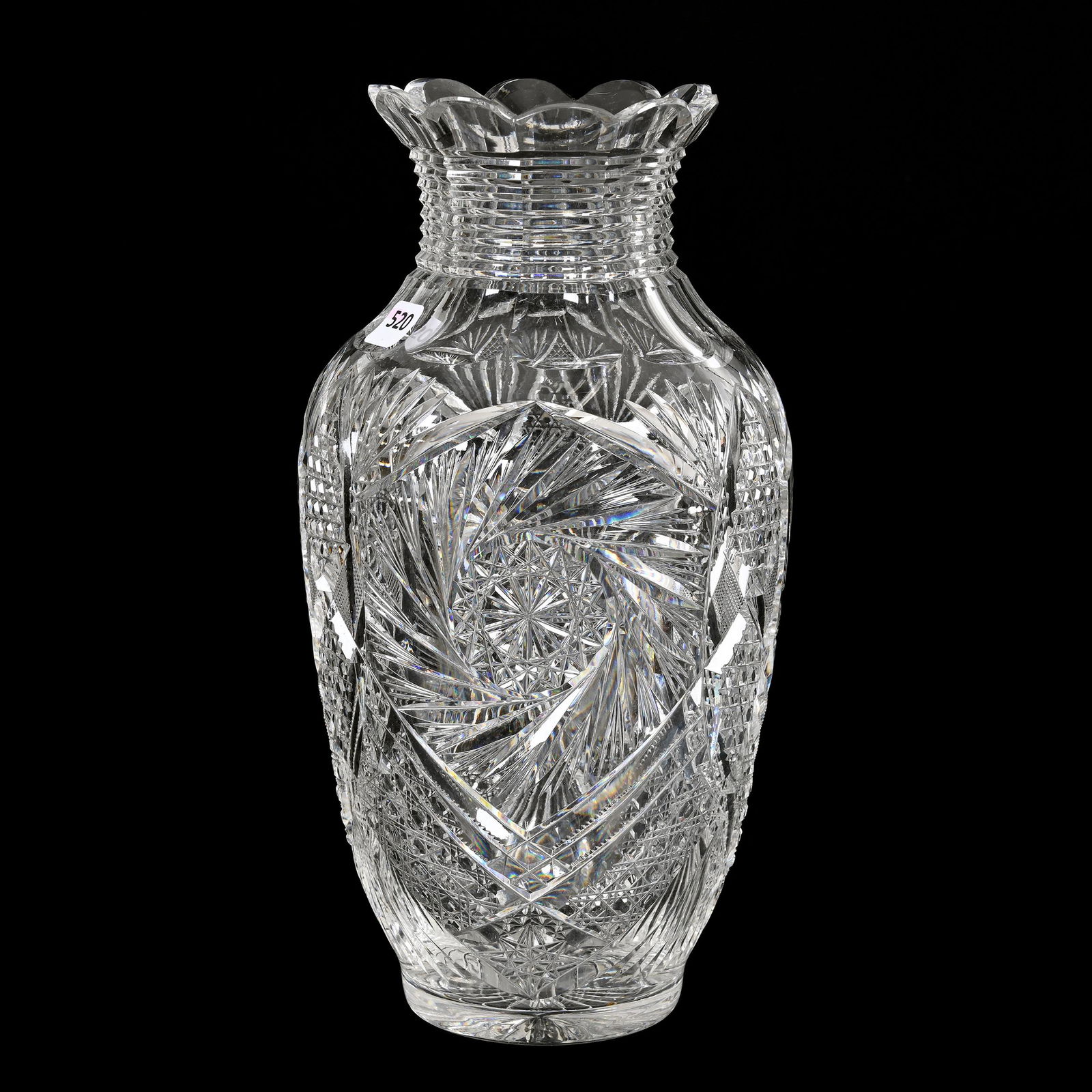 Vase, American Brilliant Cut Glass: Vase, American Brilliant Cut Glass, 11.75" x 6", Pinwheel, Vesica, Nailhead Diamond, Cane, Strawberry Diamond, Prism And Fan Motif, Step Cut Neck, Ray Cut Base, Estate Of Dr. Barry and Dee Free.
