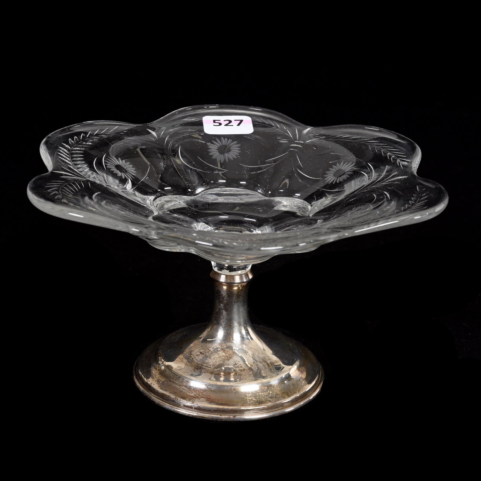 Compote, American Brilliant Cut Glass, Sterling Base Signed Hawkes Sterling: Compote, American Brilliant Cut Glass, Sterling Base Signed Hawkes Sterling, 3.75" x 7", Scalloped Edge, Engraved Floral Design, Estate Of Dr. Barry and Dee Free.