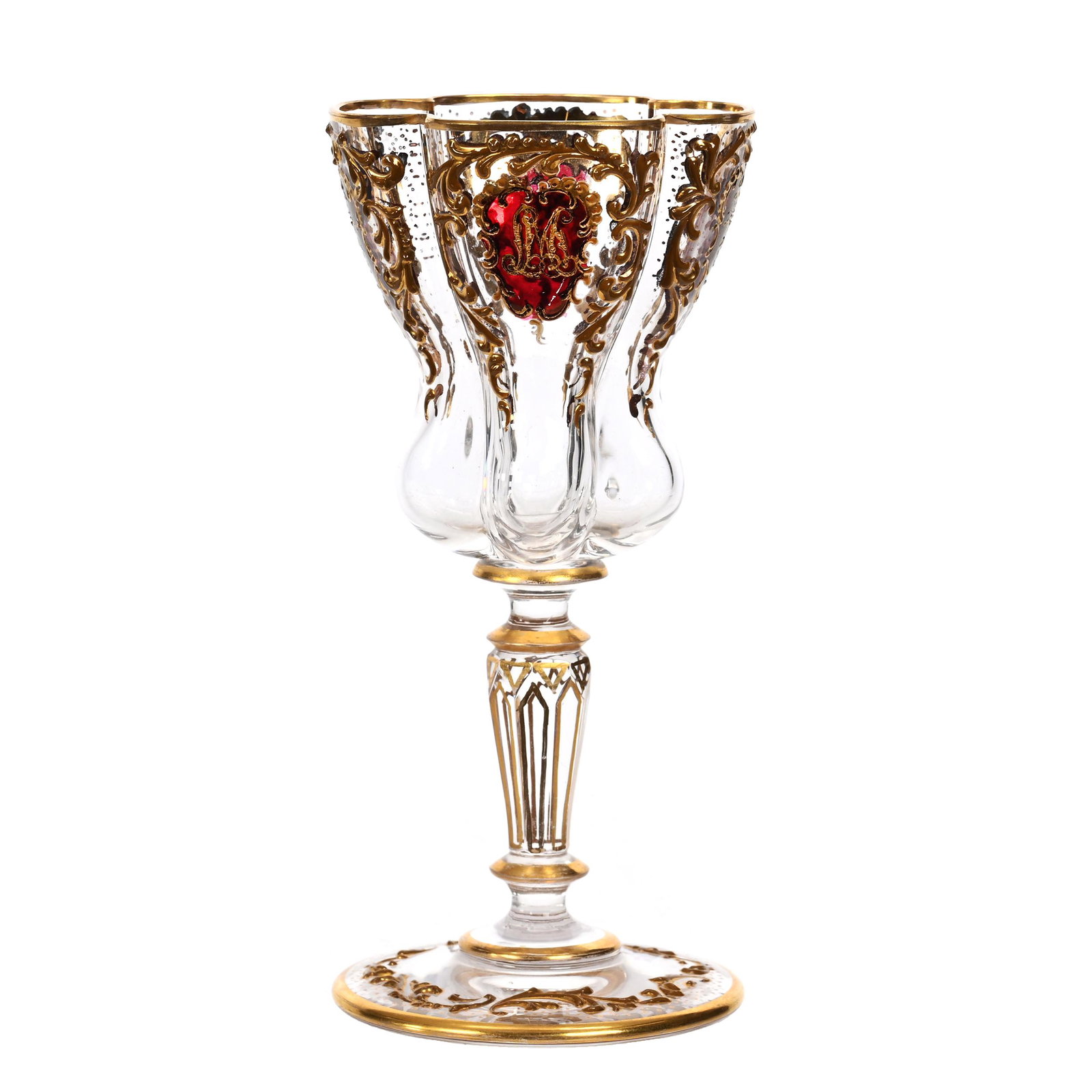 Wine Stem, Clear Bohemian Art Glass, Blown Mold: Wine Stem, Clear Bohemian Art Glass, Blown Mold, 4.75" x 2.25", Ruby Flash Medallion With Heavy Gold Enamel Scroll Decor, Estate Of Dr. Barry and Dee Free.