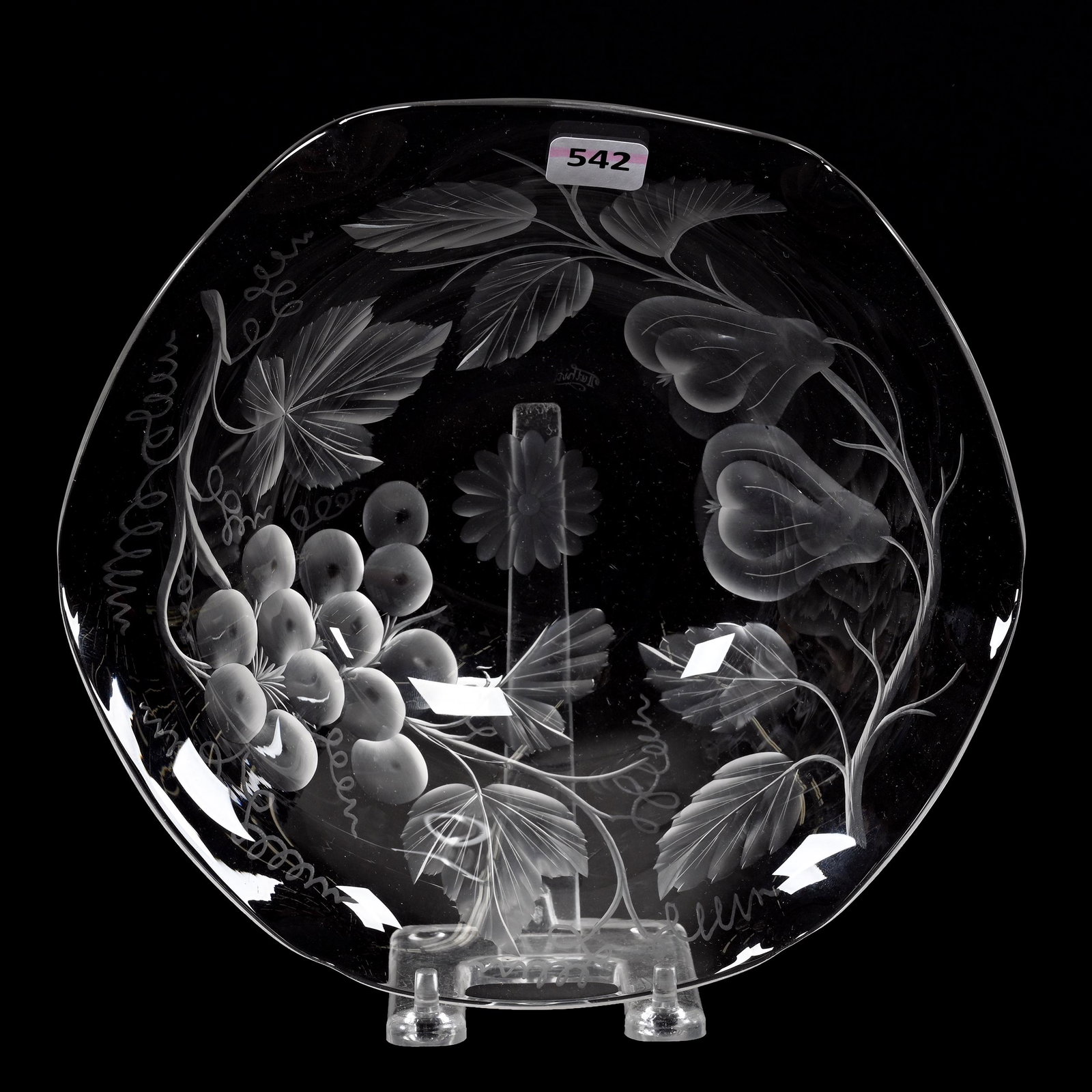 Bowl, American Brilliant Cut Glass, Signed Tuthill: Bowl, American Brilliant Cut Glass, Signed Tuthill, 2.75" x 9", Engraved Pears And Vintage Motif, Clear Blank, Estate Of Dr. Barry and Dee Free.