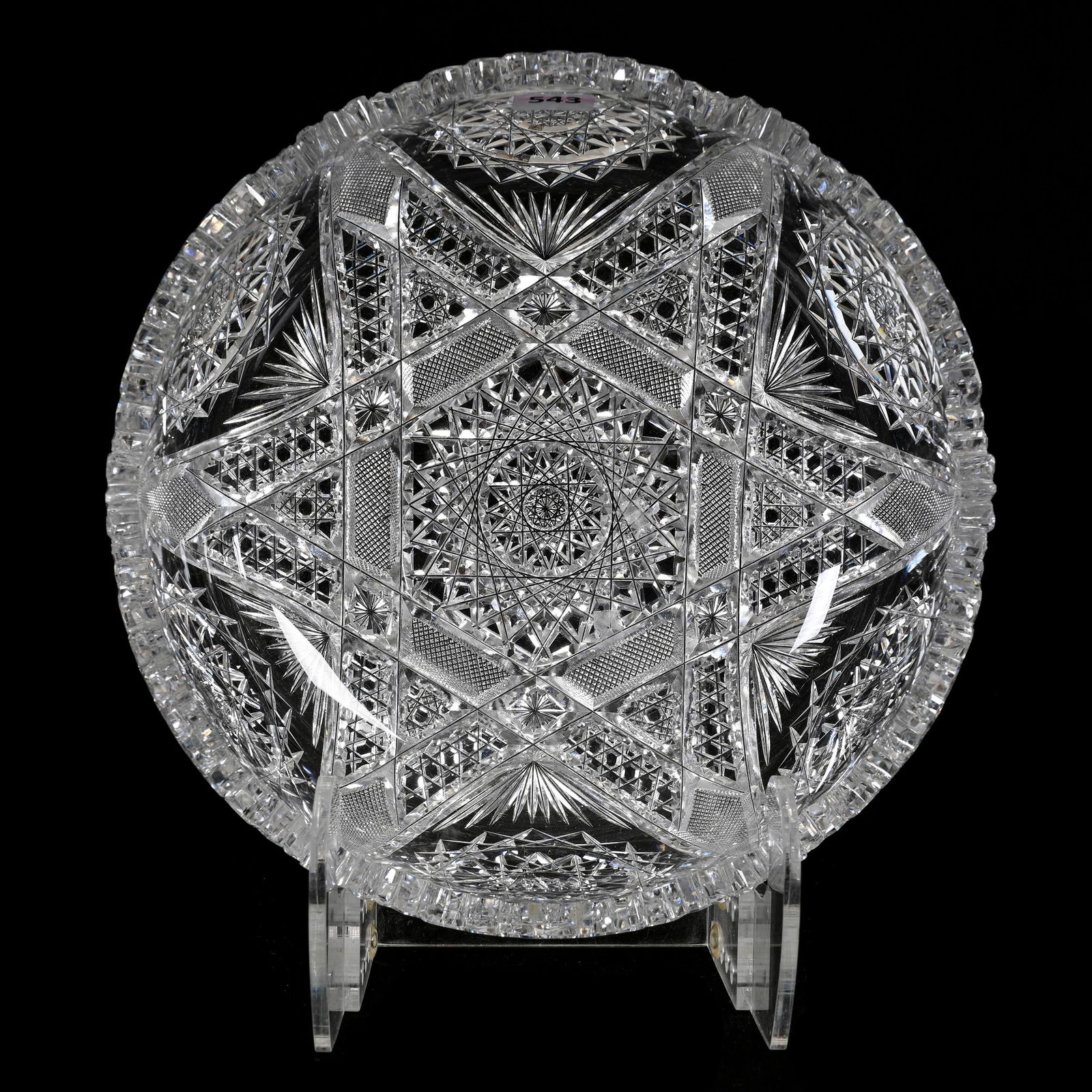 Bowl, American Brilliant Cut Glass: Bowl, American Brilliant Cut Glass, 3.75" x 9.25", Six Point Star With Hobstar, Cane, Strawberry Diamond And Fan Highlights, Two Tooth Chips, Estate Of Dr. Barry and Dee Free.