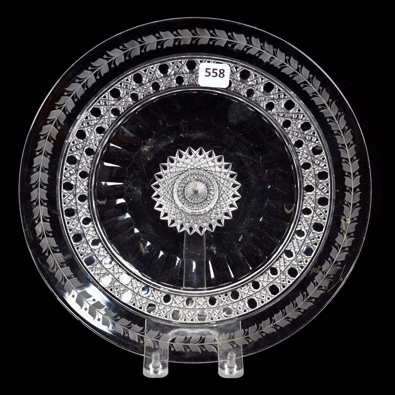 Round Plate, American Brilliant Cut Glass, Signed Sinclaire: Round Plate, American Brilliant Cut Glass, Signed Sinclaire, 10.25", Hobstar Center, Cane And Laurel Wreath Border, Estate Of Dr. Barry and Dee Free.