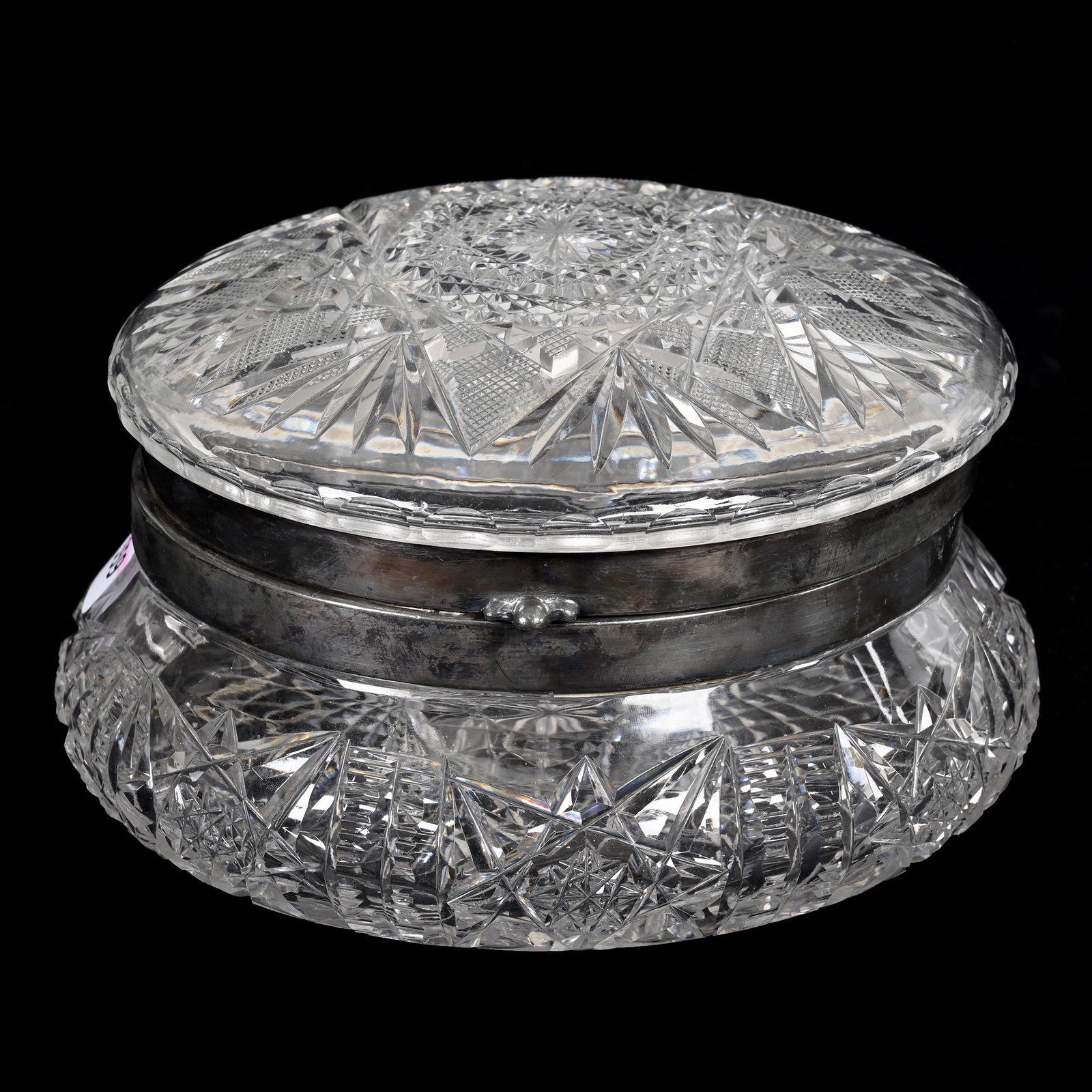 Dresser Box, American Brilliant Cut Glass: Dresser Box, American Brilliant Cut Glass, 4" x 7", Flashed Hobstar Lid, Hobstar And Prism Border, Large Hobstar Base, Estate Of Dr. Barry and Dee Free.