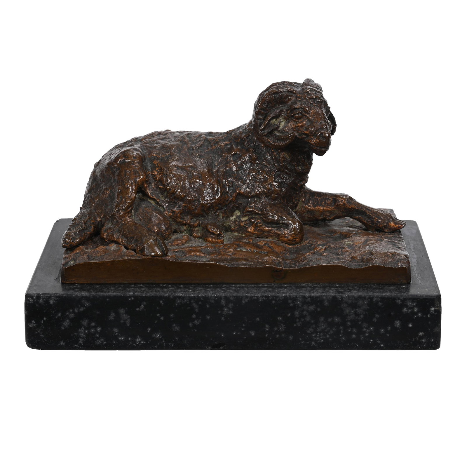 Bronze Sculpture, Marble Base, Ram At Rest: Bronze Sculpture, Marble Base, Ram At Rest, 3.5" x 6" x 3.25", Artist Signed, Black Marble Base Has Small Corner Chip, Estate Of Dr. Barry and Dee Free.