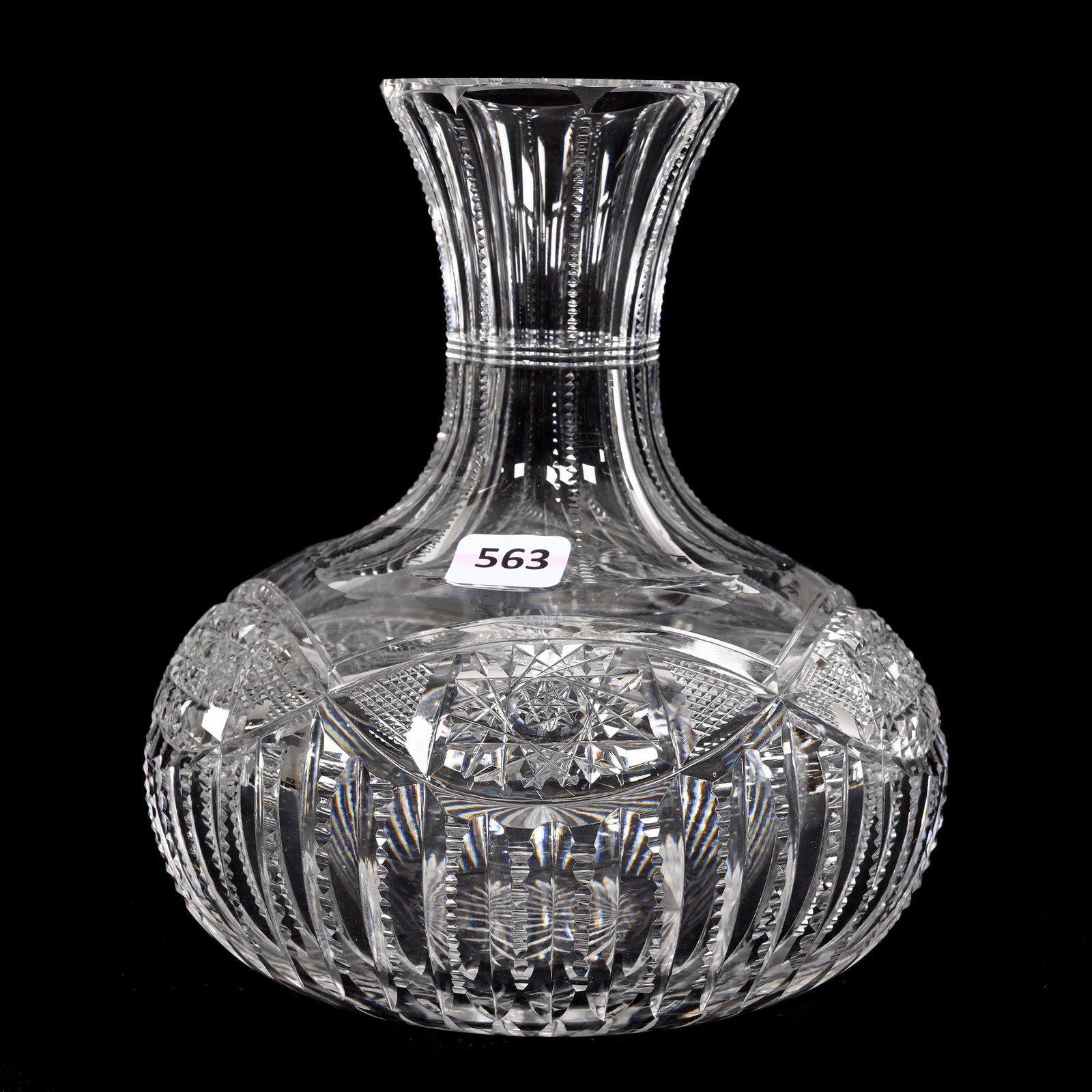 Water Carafe, American Brilliant Cut Glass: Water Carafe, American Brilliant Cut Glass, 7.25" x 6.25", Prism, Vesica, Hobstar And Strawberry Diamond Motif, Ray Cut Base, Estate Of Dr. Barry and Dee Free.