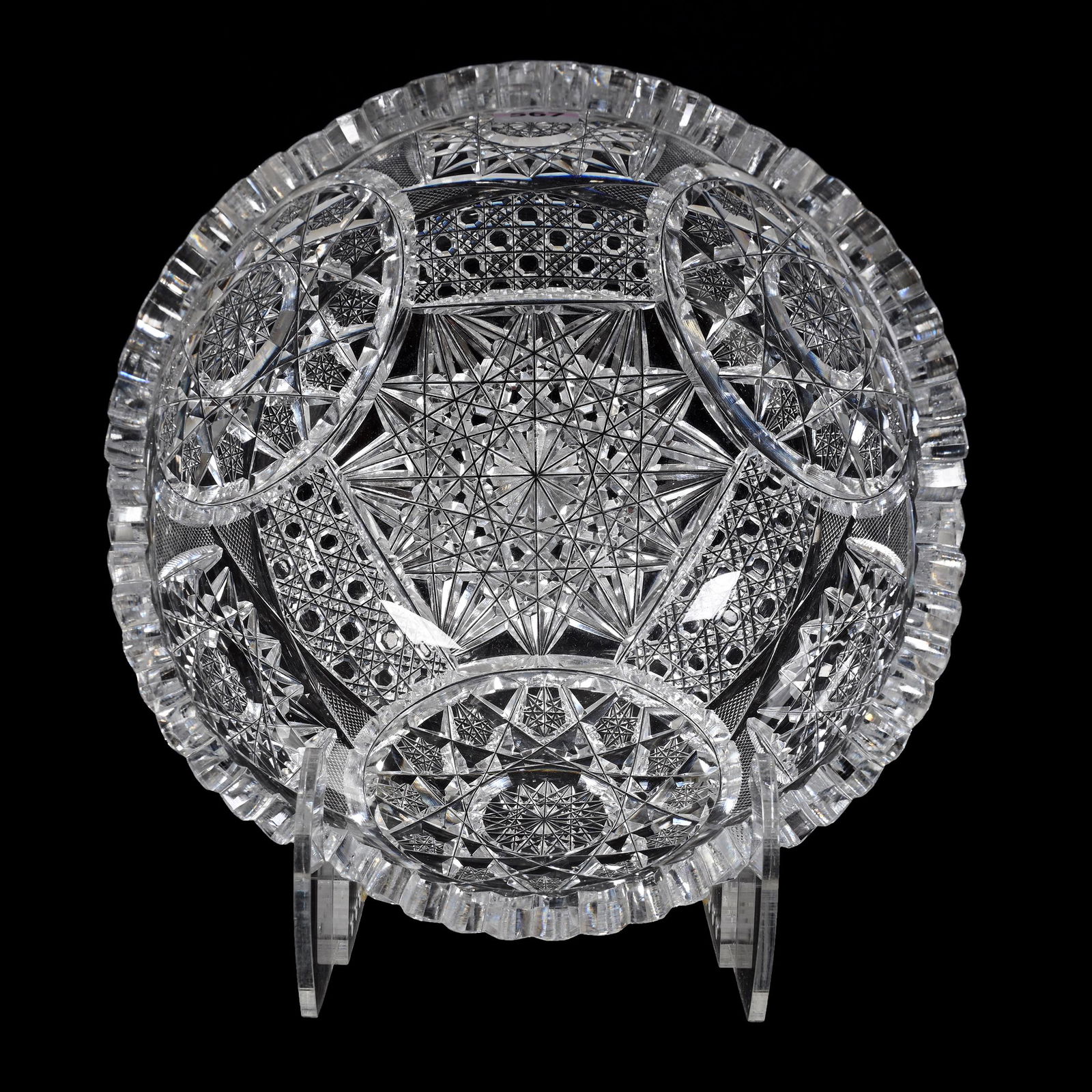 Bowl, American Brilliant Cut Glass: Bowl, American Brilliant Cut Glass, 4.25" x 9", Three Sections Of Hobstar, Cane, Circular Hobstar And Strawberry Diamond Motif, Estate Of Dr. Barry and Dee Free.