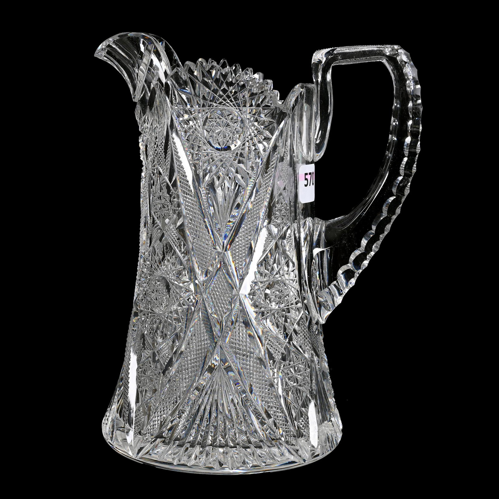 Pitcher, American Brilliant Cut Glass: Pitcher, American Brilliant Cut Glass, 7.75" x 6", Well Cut Hobstar, Strawberry Diamond And Fan Motif, Triple Notched Handle, Hobstar Base, Estate Of Dr. Barry and Dee Free. UPDATED 3-21-23: Spout Rou
