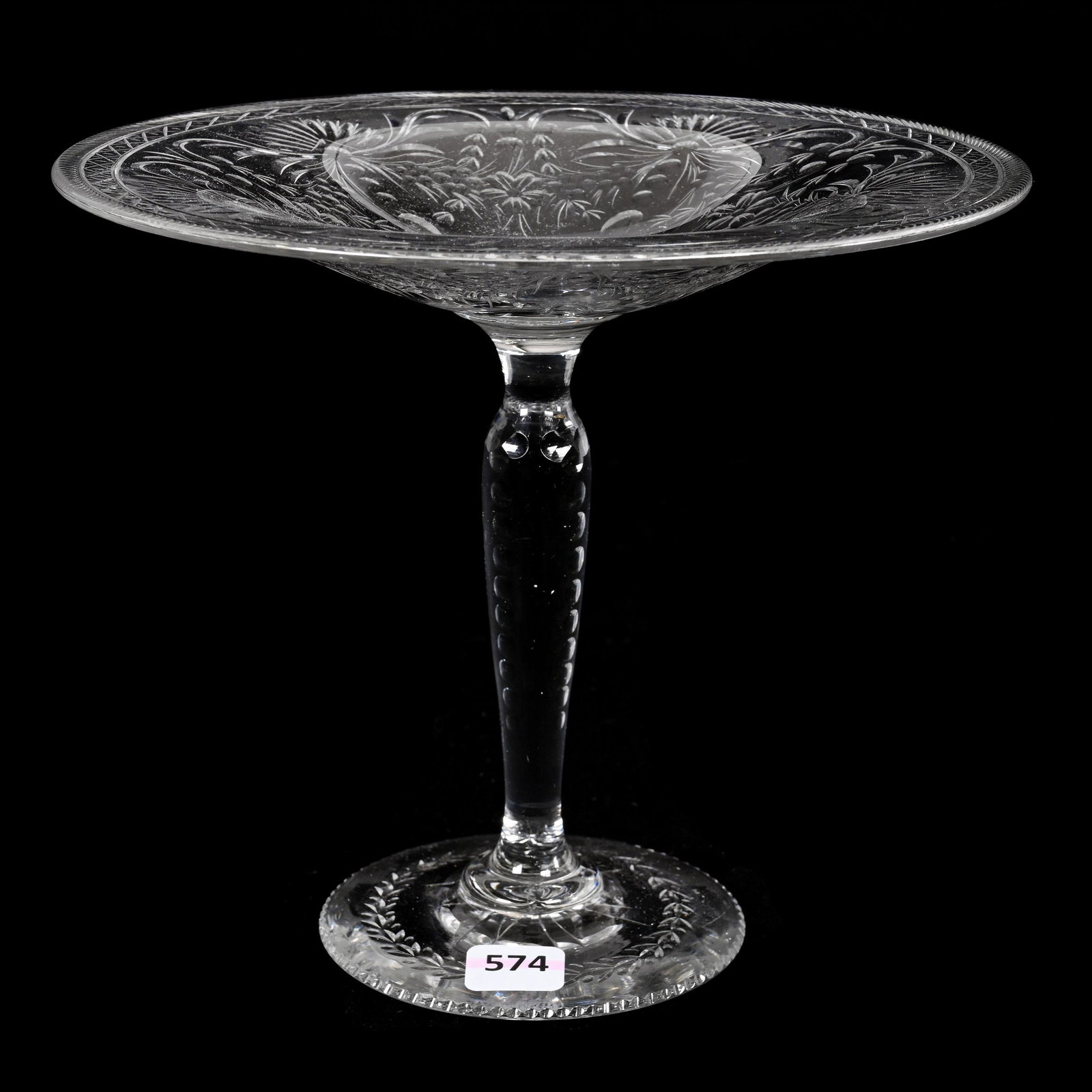 Compote, American Brilliant Cut Glass: Compote, American Brilliant Cut Glass, 7.25" x 8.5", Lightly Engraved Floral Garland Motif, Pattern Engraved Foot, Estate Of Dr. Barry and Dee Free.