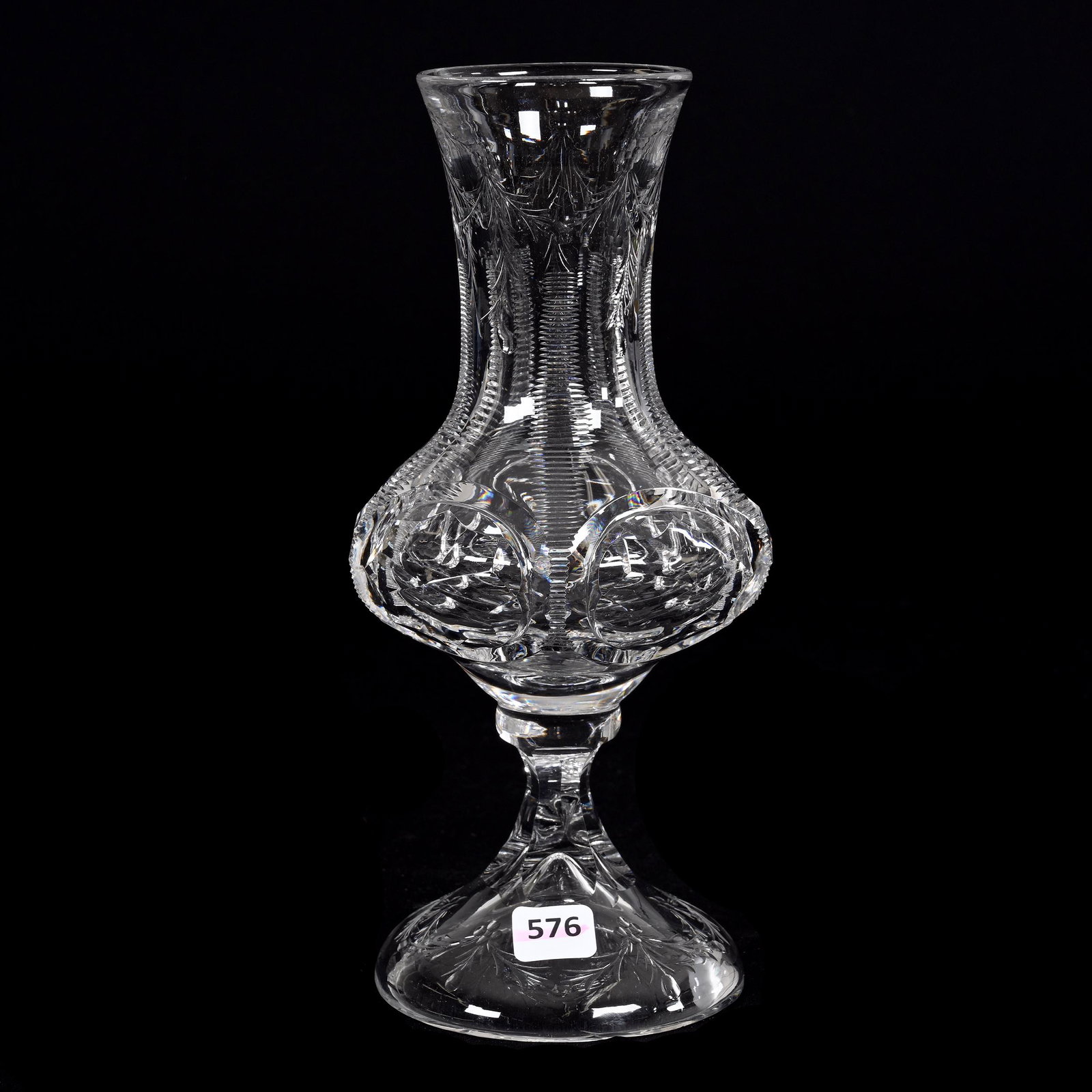 Pedestal Vase, American Brilliant Cut Glass: Pedestal Vase, American Brilliant Cut Glass, 10" x 4.5", Unique Thousand Eye Medallions With Zipper And Engraved Floral Garland Motif, Petticoat Foot, Estate Of Dr. Barry and Dee Free.
