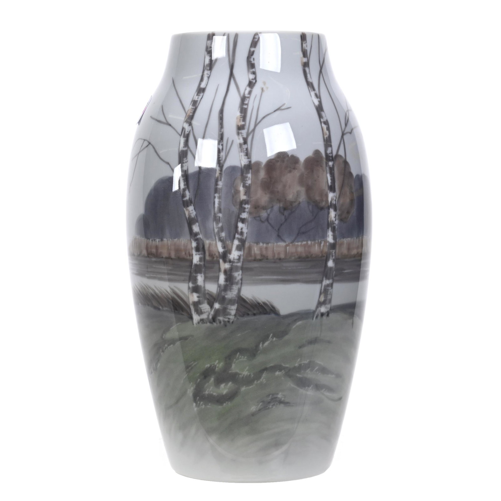 Vase Marked B&G Copenhagen: Vase Marked B&G Copenhagen, 9.75" x 5", Scenic Decor Of Tree And Lake, Estate Of Dr. Barry and Dee Free.