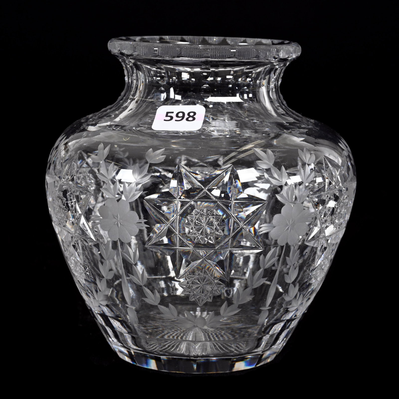 Vase, American Brilliant Cut Glass, Signed Hawkes: Vase, American Brilliant Cut Glass, Signed Hawkes, 6" x 5.75", Six Hobstars Surrounded By Engraved Floral Garland, Ray Cut Base, Estate Of Dr. Barry and Dee Free.
