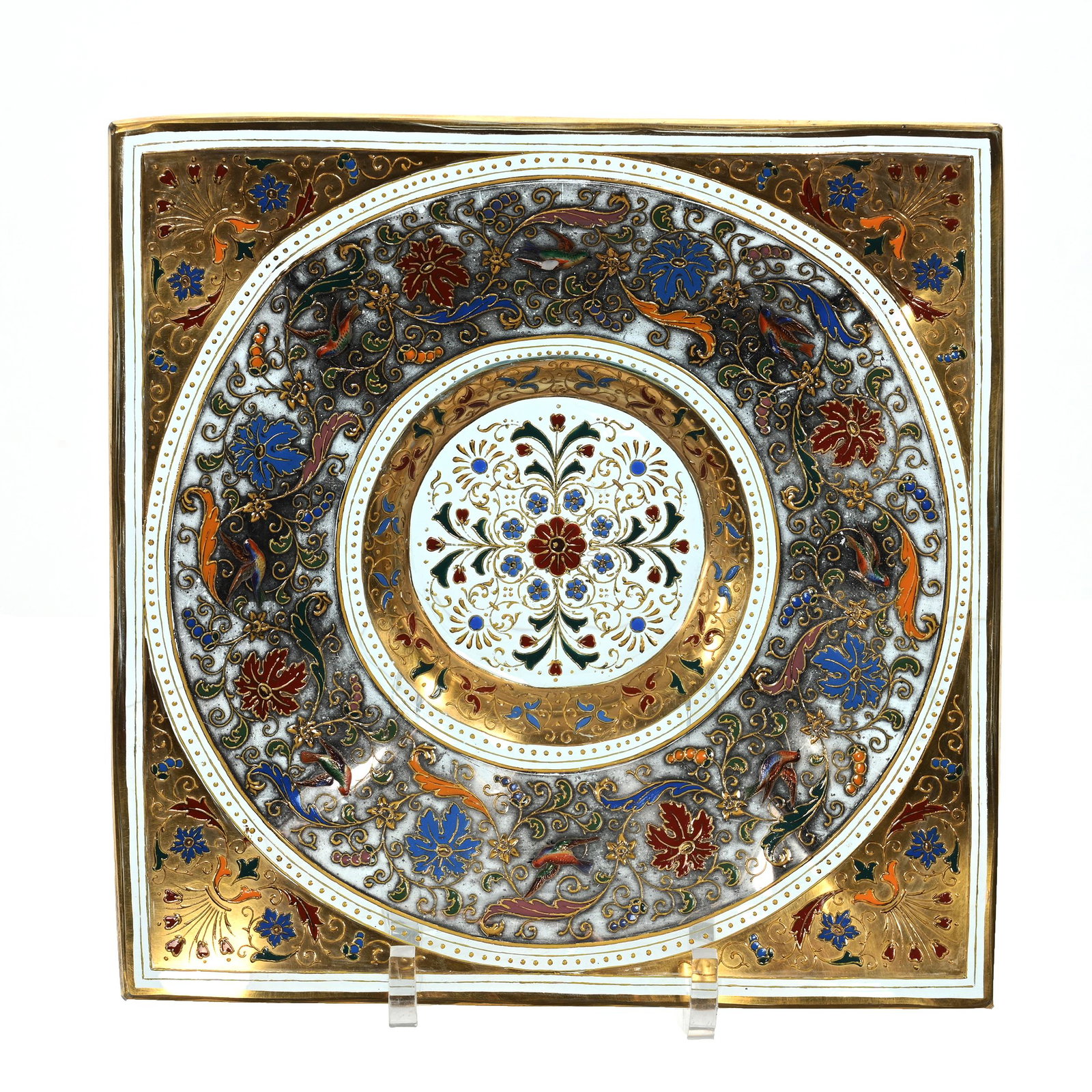 Square Plate, Bohemian Art Glass: Square Plate, Bohemian Art Glass, 7.25", Pale Blue With Extensive Enamel And Gold Decor, Estate Of Dr. Barry and Dee Free.