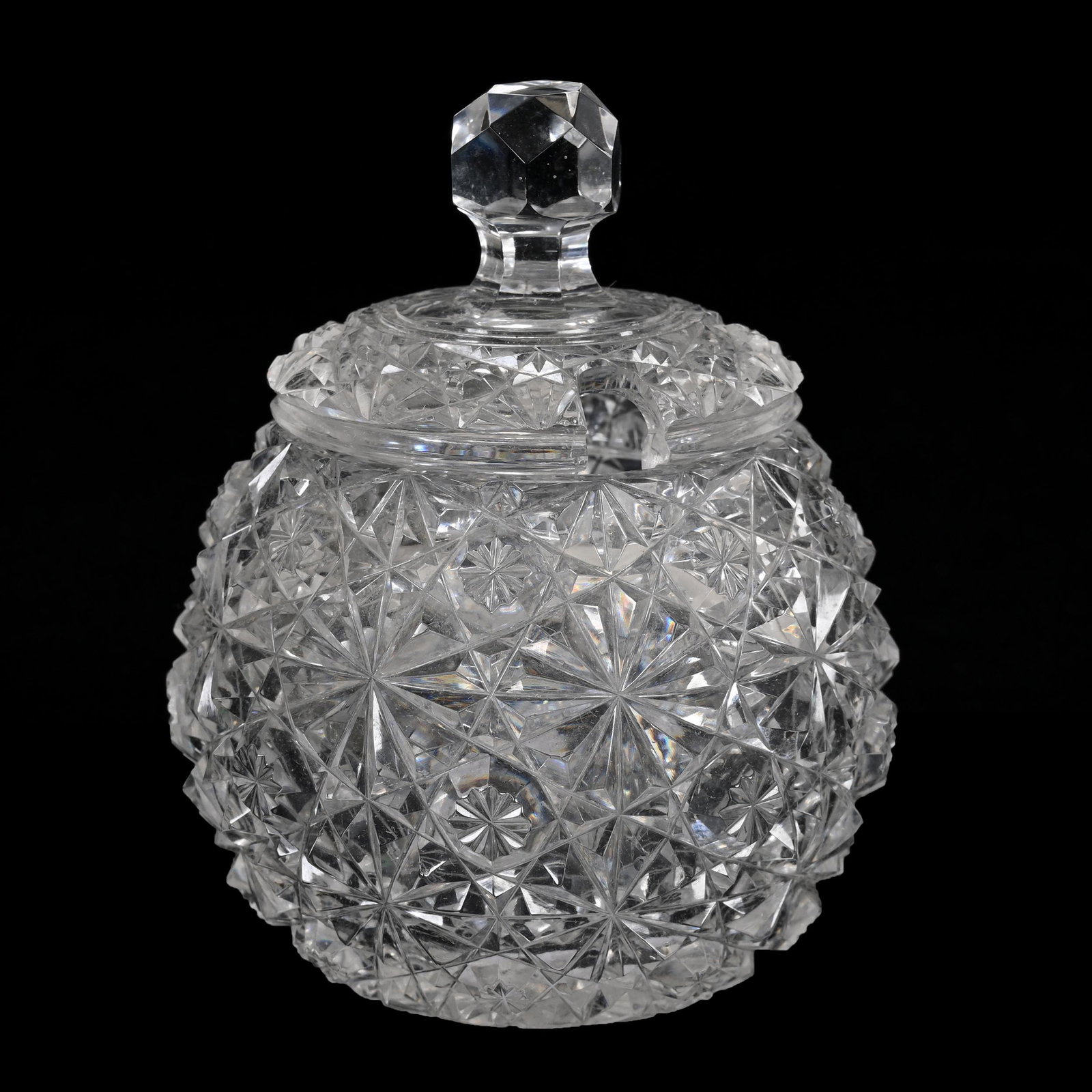 Mustard Jar, American Brilliant Cut Glass: Mustard Jar, American Brilliant Cut Glass, 4" x 3", Full Russian Pattern, Star Cut Buttons, Ray Cut Base, Estate Of Dr. Barry and Dee Free.