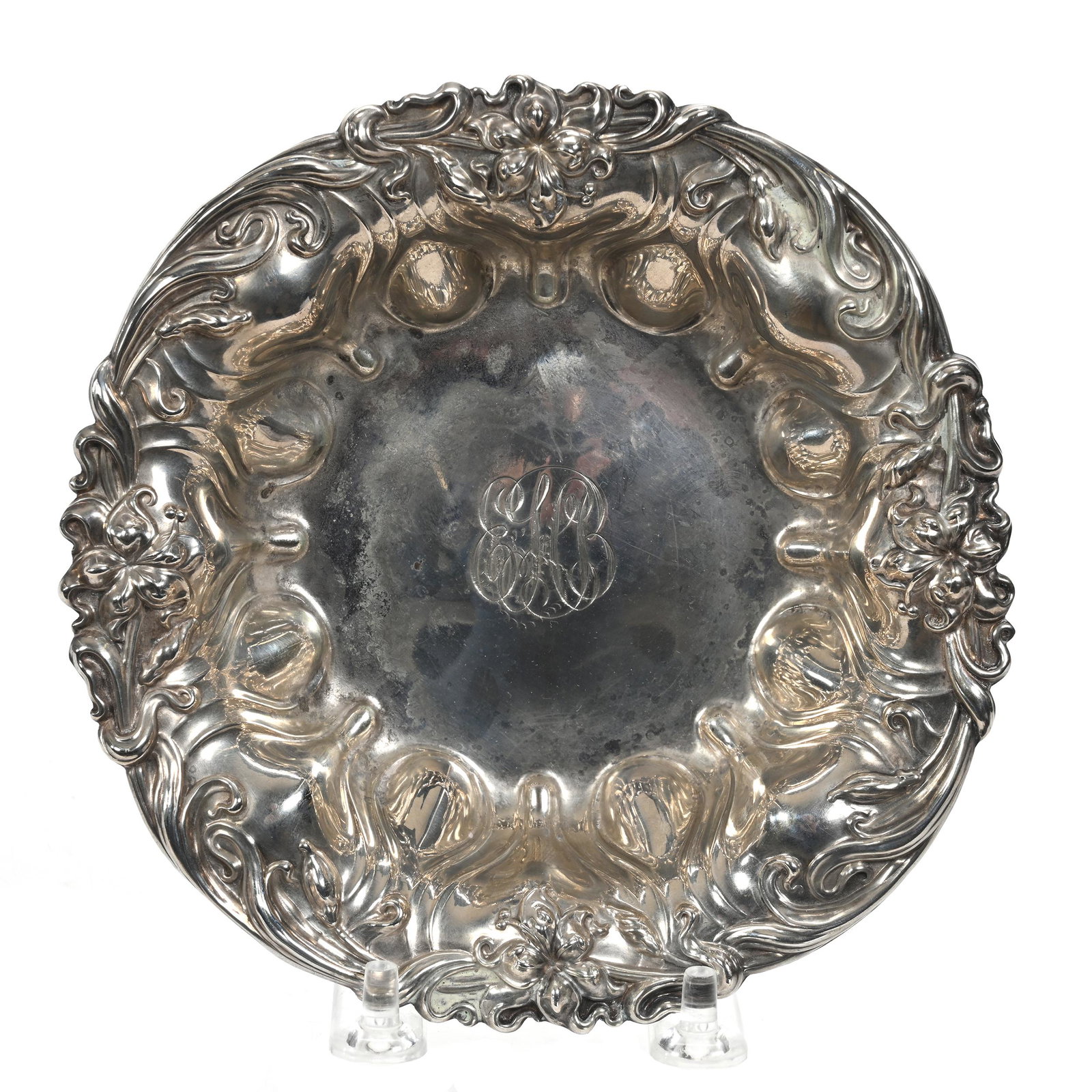 Bowl, Sterling Silver Marked Meriden Britannia #510: Bowl, Sterling Silver Marked Meriden Britannia #510, 1.25" x 6", Embossed Floral Design With Monogram In Center, Total Weight Of 95 Grams, Estate Of Dr. Barry and Dee Free.