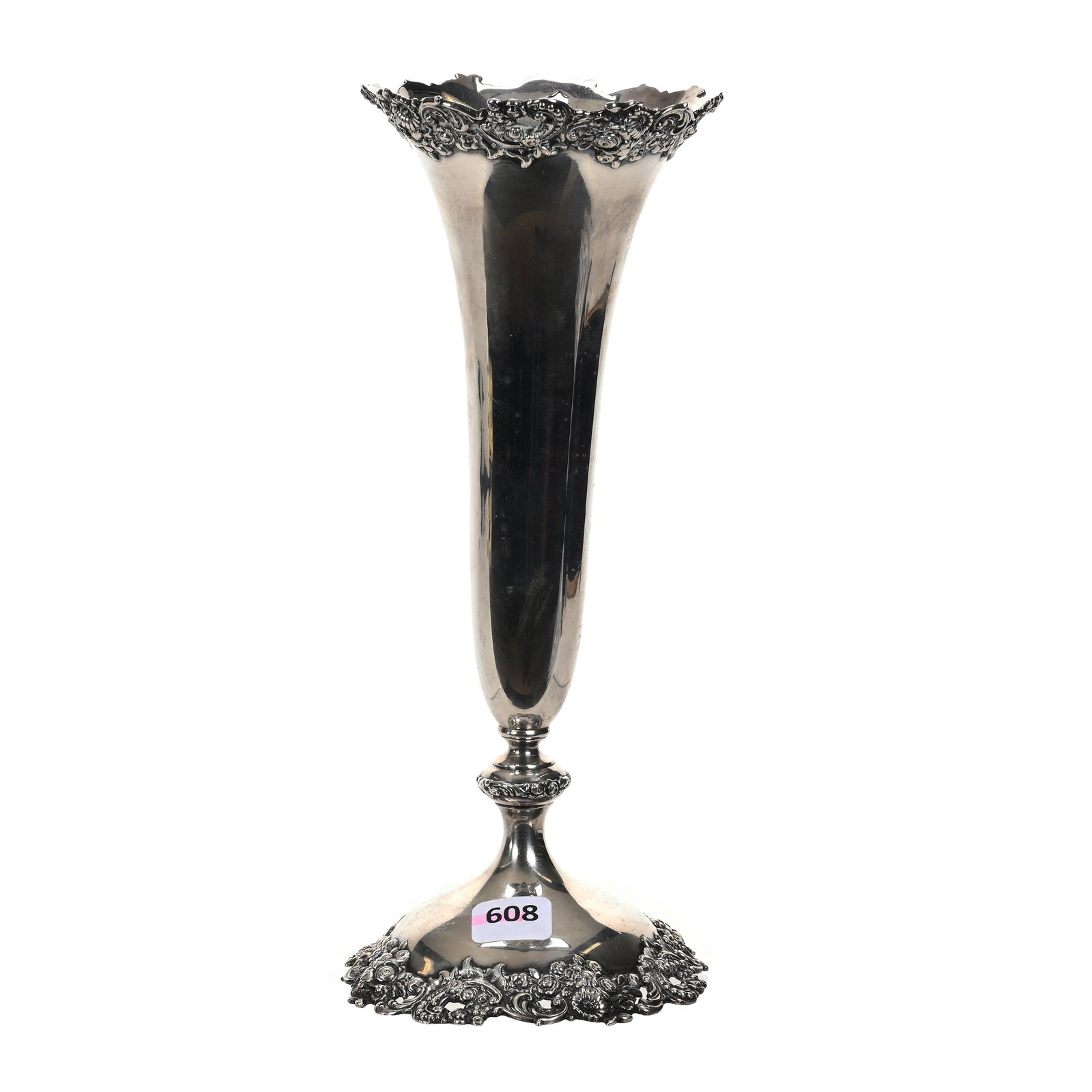 Vase, Sterling Marked Ferd Fuchs & Bros (1884-1891): Vase, Sterling Marked Ferd Fuchs & Bros (1884-1891), 10" x 4.25", Trumpet Vase Has Pierced Floral And Scroll Border, Total Weight Of 255 Grams, Estate Of Dr. Barry and Dee Free.