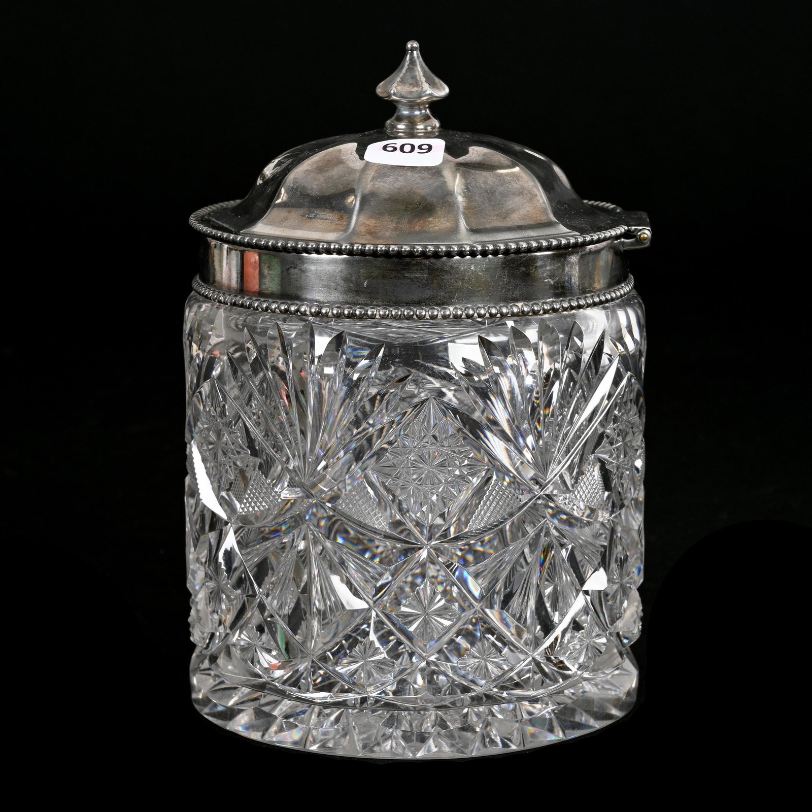 Humidor, American Brilliant Cut Glass: Humidor, American Brilliant Cut Glass, 7.5" x 5", Hobstar, Strawberry Diamond, Star And Fan Motif, Large Hobstar Base, Silverplate Flip Lid With Inset Sponge Holder, Estate Of Dr. Barry and Dee Free.