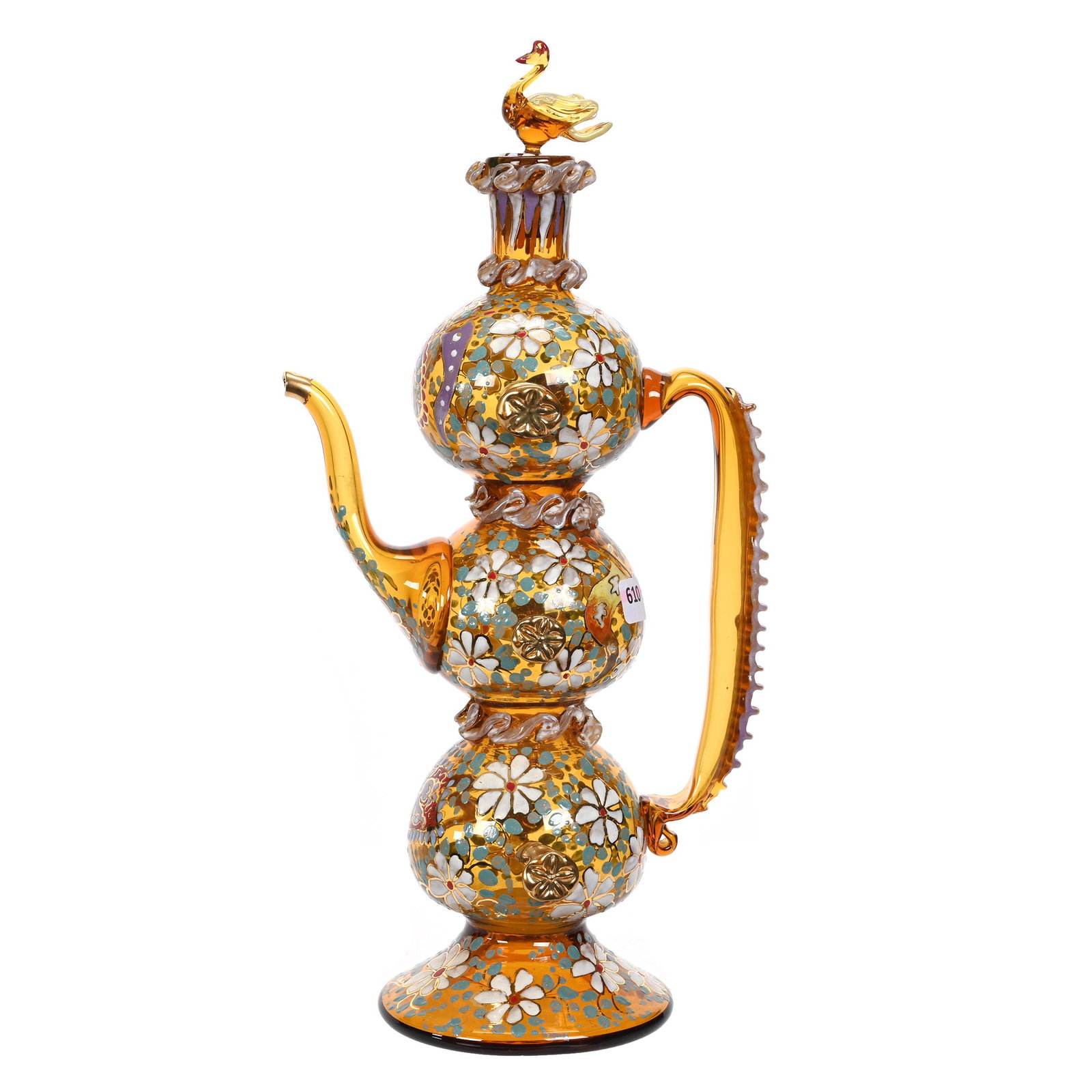 Decanter, Amber Spanish Art Glass: Decanter, Amber Spanish Art Glass, 15.5" x 7.5", Stacked Ball Design, Swan Figural Stopper, Heavy Enamel Floral Flag Design, Estate Of Dr. Barry and Dee Free.