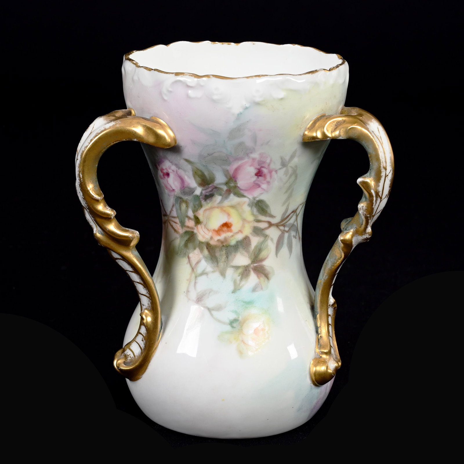 Loving Cup, Three Handles, Marked T & V Limoges: Loving Cup, Three Handles, Marked T & V Limoges, 6.75" x 5.5", Pastel Blue, Green, Yellow And Pink Tones, Rose Decor, Gold Trim Highlights, Estate Of Dr. Barry and Dee Free.