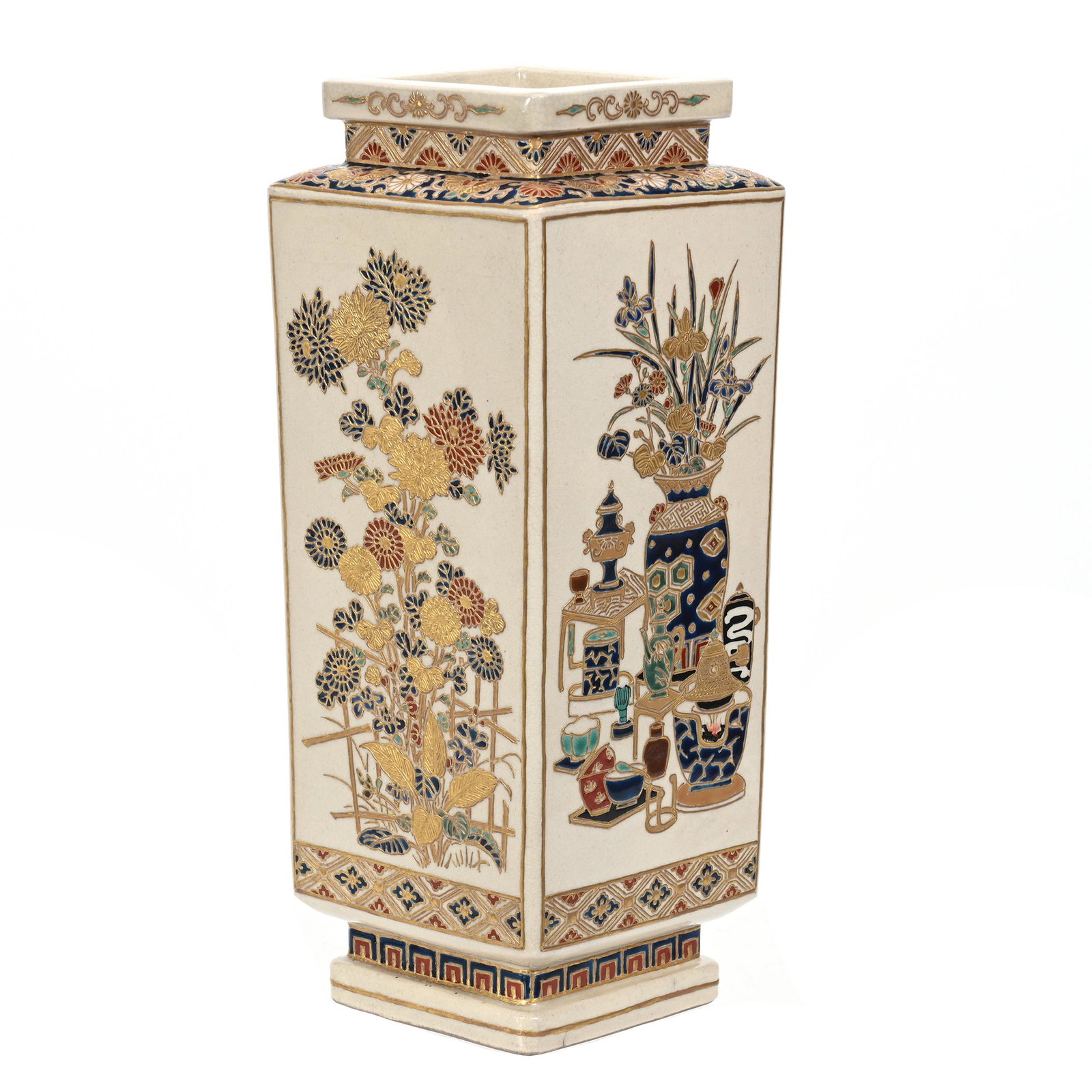 Square Vase Marked Satsuma: Square Vase Marked Satsuma, 10" x 4", Cream Tones With Elaborate And Vessel Decor, Heavy Gold Trim Highlights, Estate Of Dr. Barry and Dee Free.
