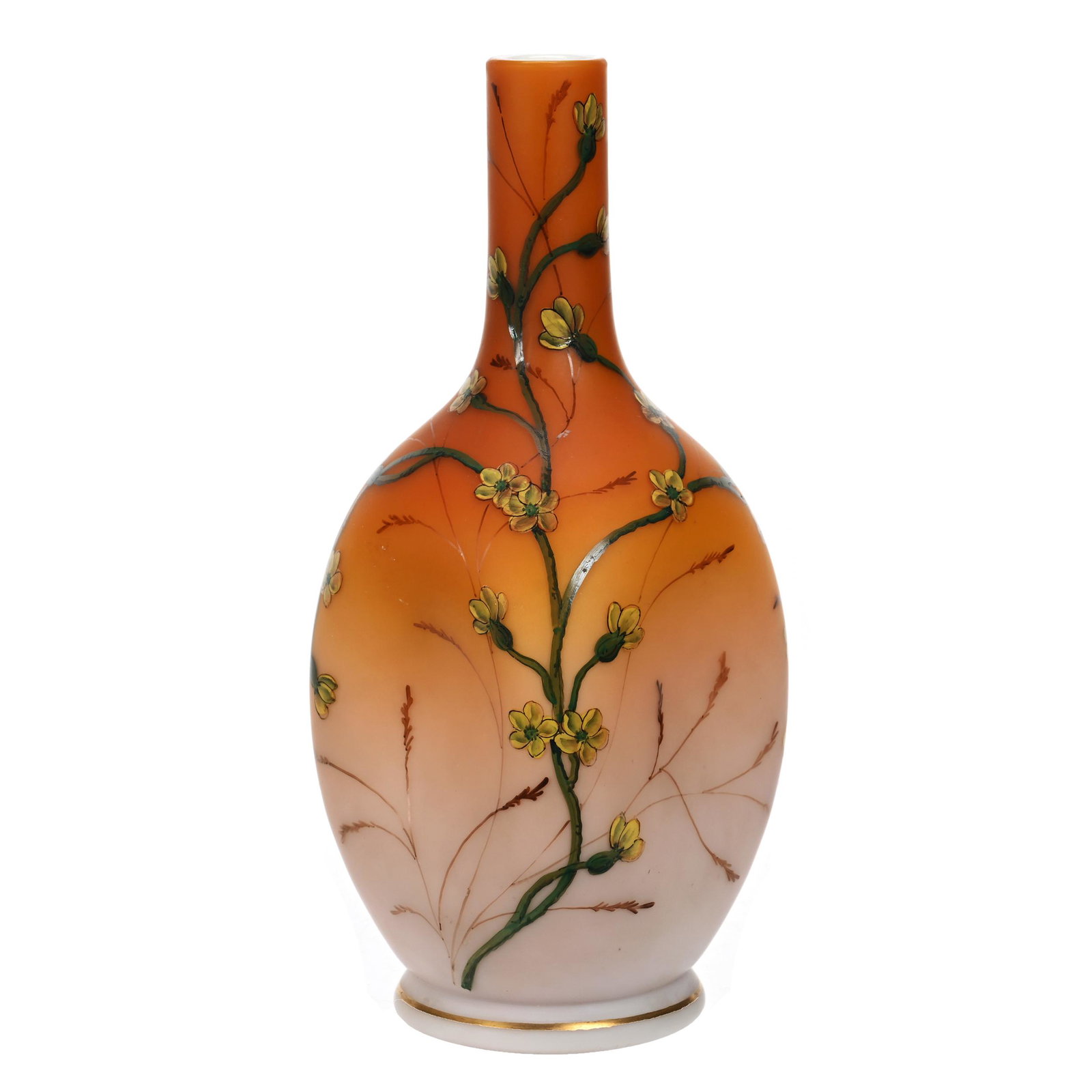 Vase, Apricot Satin Art Glass: Vase, Apricot Satin Art Glass, 9.25" x 3.5", Four Sides, Dimpled, Vine And Blossom Decor, Estate Of Dr. Barry and Dee Free.