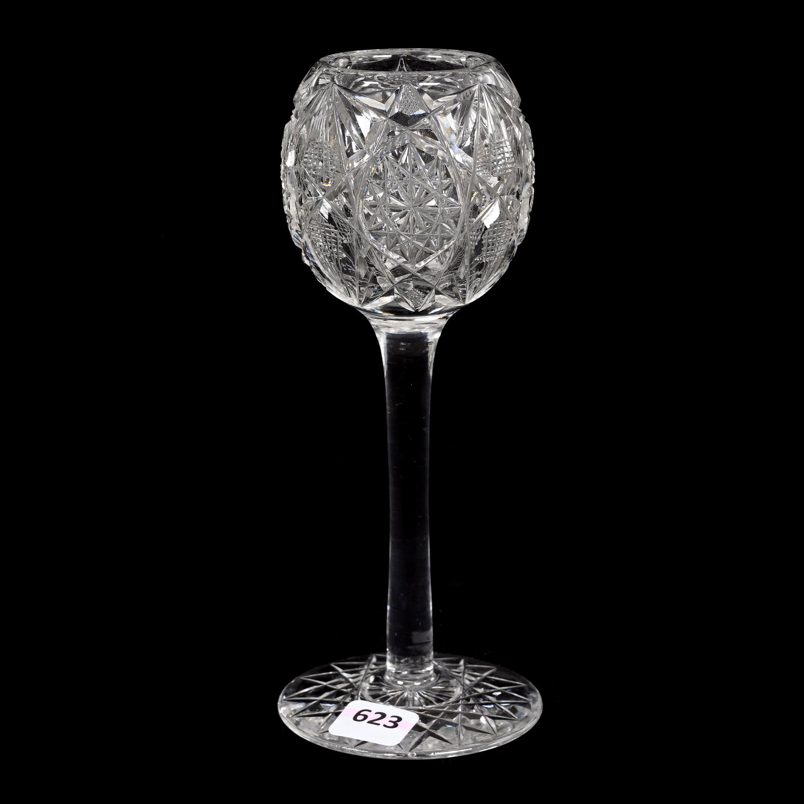 Violet Vase, American Brilliant Cut Glass: Violet Vase, American Brilliant Cut Glass, 7.5" x 3", Hobstar And Notched Fan Motif, Solid Stem, Hobstar Foot, Estate Of Dr. Barry and Dee Free.