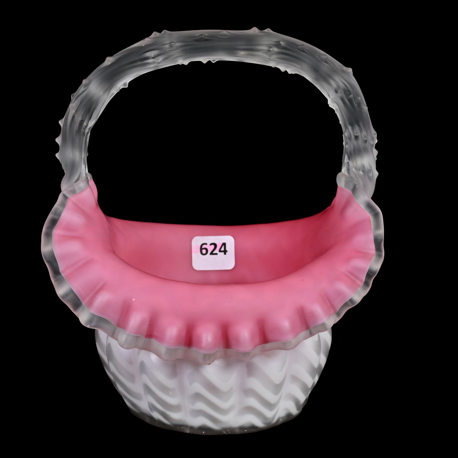 Basket, Cased White Satin Herringbone MOP: Basket, Cased White Satin Herringbone MOP, 7.25" x 6.25" x 6", Art Glass, Pink Interior, Frosted Applied Thorn Handle, Estate Of Dr. Barry and Dee Free.