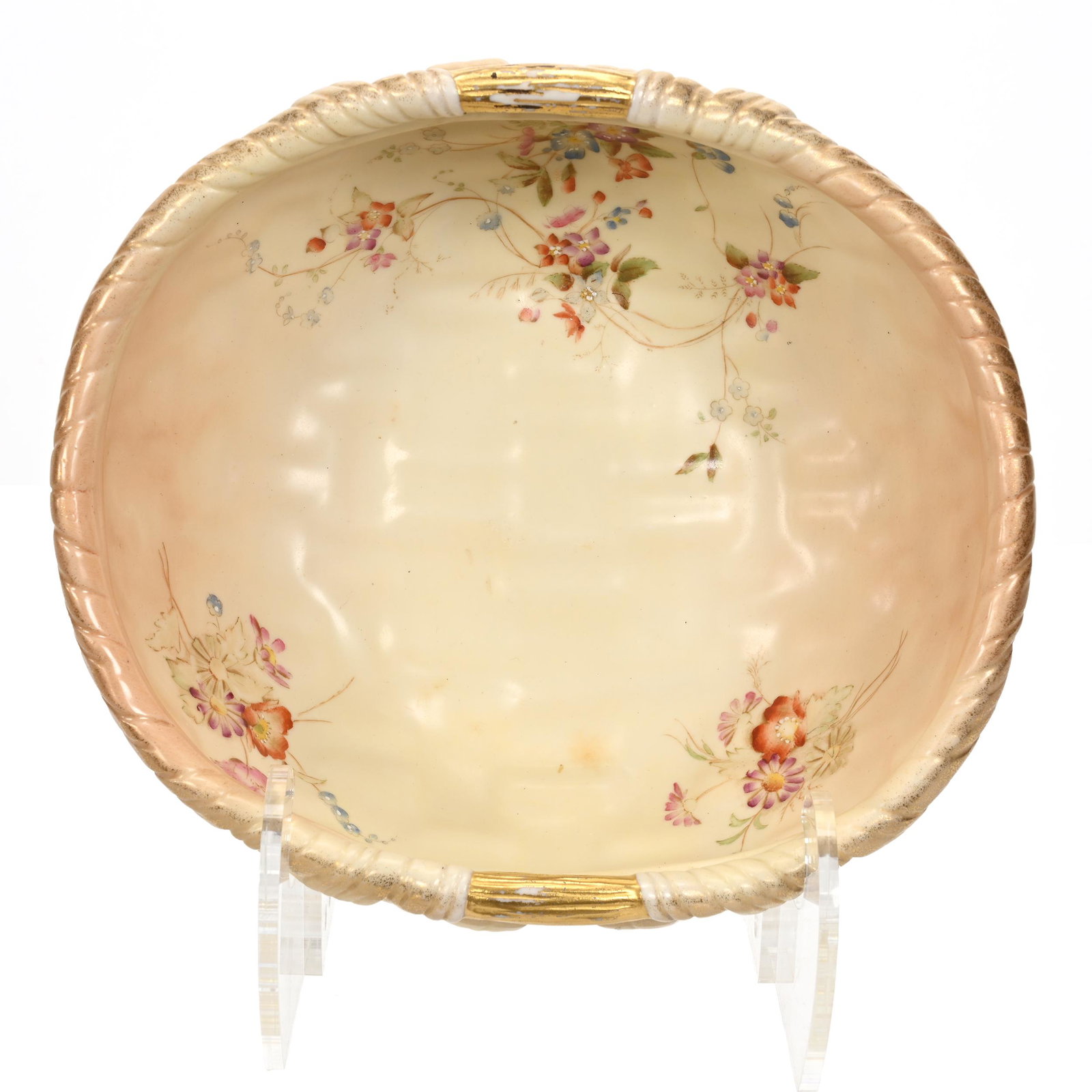 Bowl Marked Royal Worcester: Bowl Marked Royal Worcester, 4" x 9" x 7.75", Basketweave Mold, Cream And Pink Tones, Floral Decor, Estate Of Dr. Barry and Dee Free.