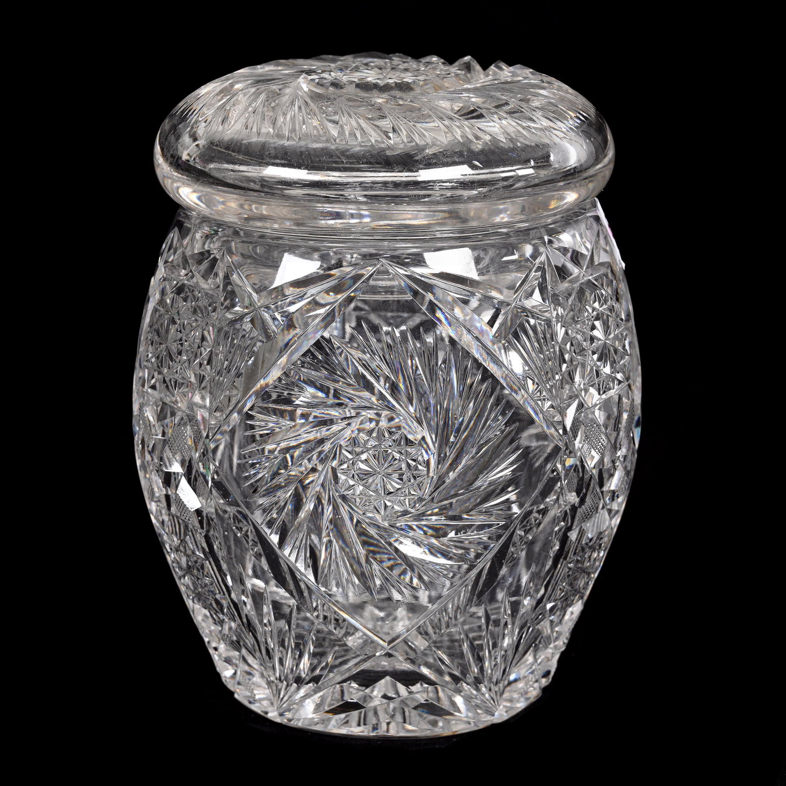 Humidor, American Brilliant Cut Glass: Humidor, American Brilliant Cut Glass, 6.25" x 4.75", Pinwheel, Hobstar, Strawberry Diamond And Fan Motif, Large Pinwheel Cut Lid, Ray Cut Base, Estate Of Dr. Barry and Dee Free.