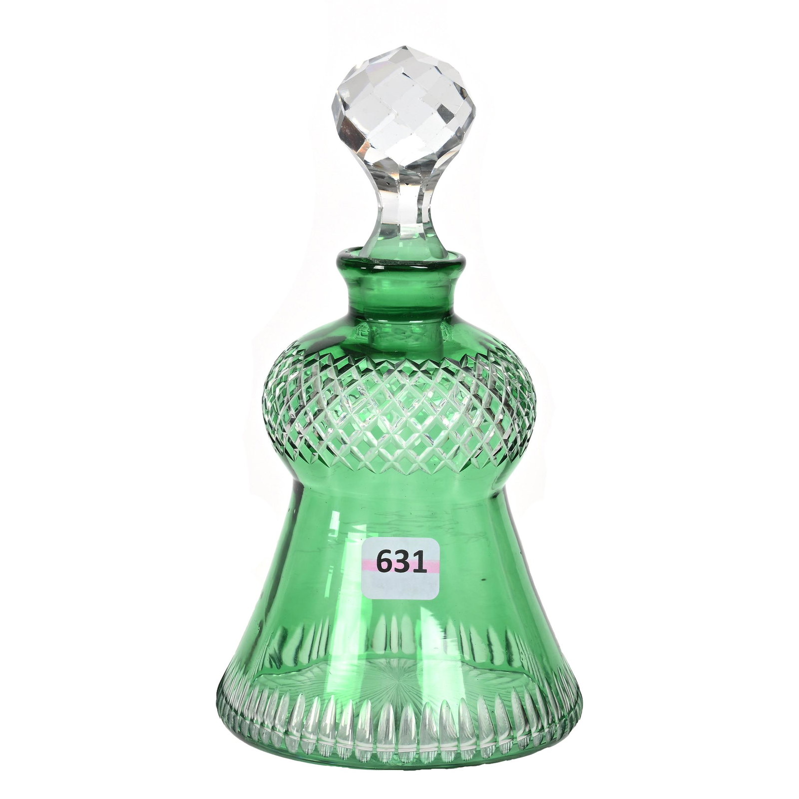 Decanter, BPCG, Green Cut To Clear: Decanter, Brilliant Period Cut Glass, Green Cut To Clear, 8" x 4", Skirted Design With Diamond And Miter Cutting, Ray Cut Base, Wrong Stopper, Estate Of Dr. Barry and Dee Free.