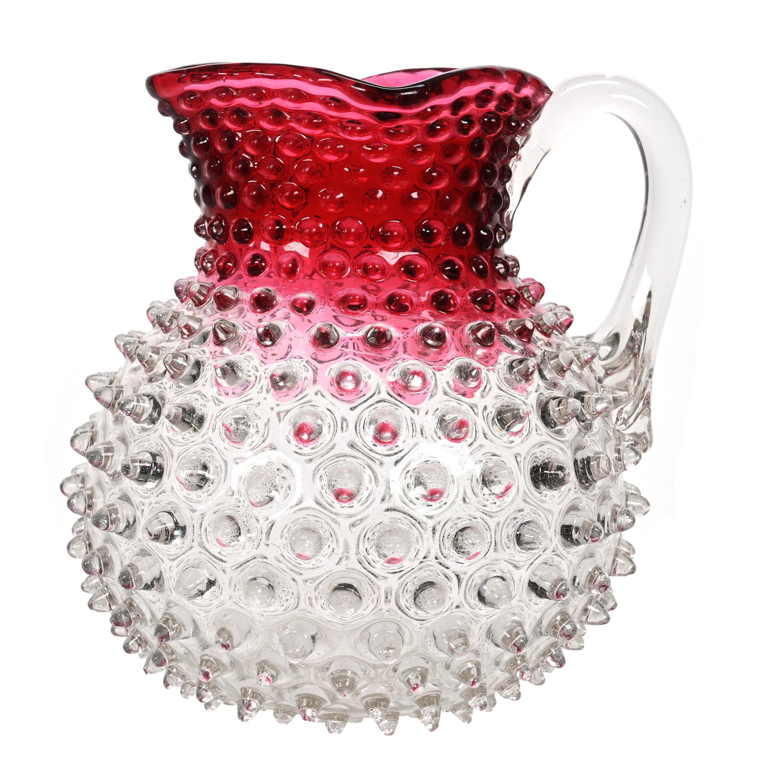 Water Pitcher, Rubina Hobnail Art Glass: Water Pitcher, Rubina Hobnail Art Glass, 8" x 7.5", Polished Pontil Base, Square Top, One Hob Has A Rough Inclusion At Tip, Estate Of Dr. Barry and Dee Free.