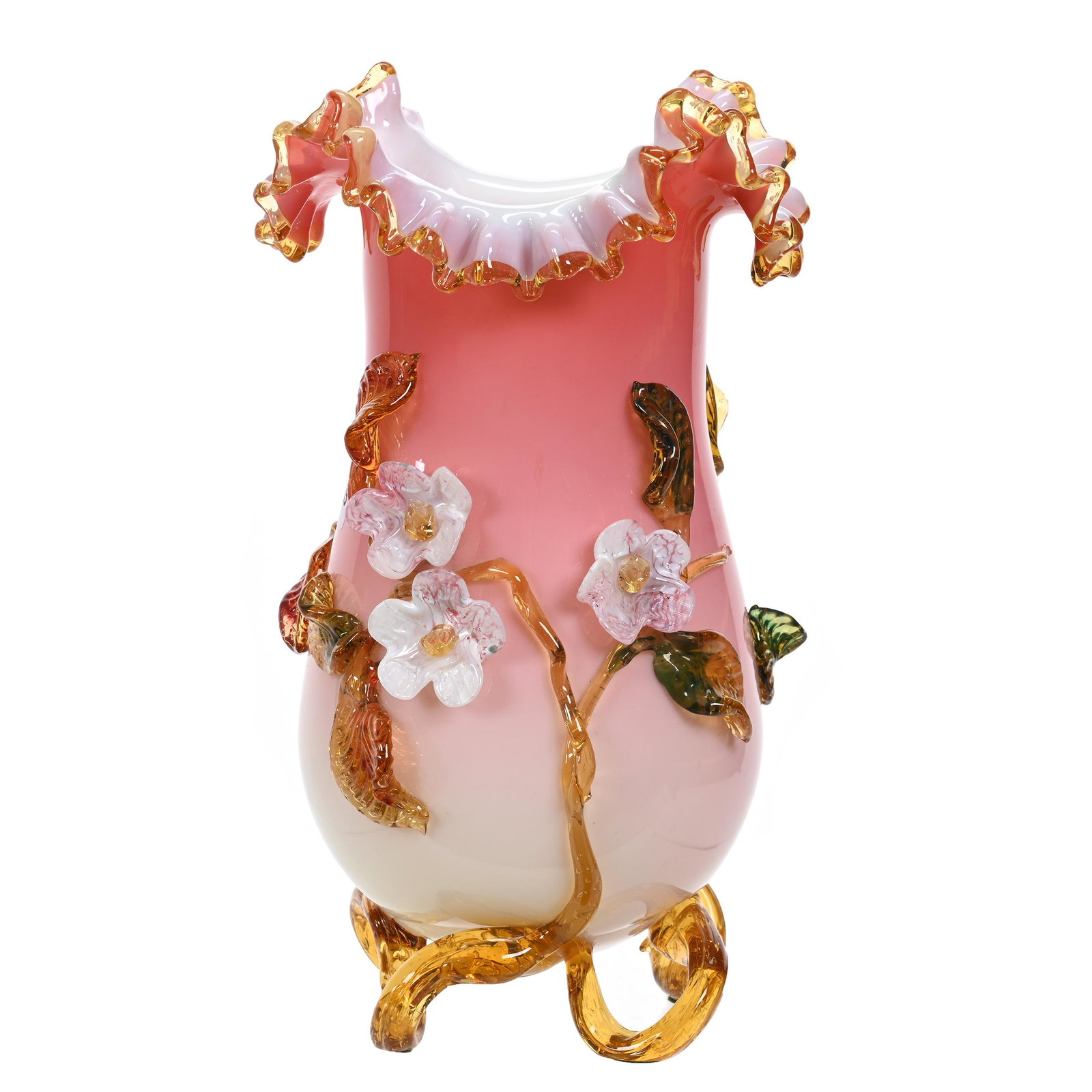 Vase, Stevens & Williams Cased Peachblow: Vase, Stevens & Williams Cased Peachblow, 11.75" x 6.5", Applied Amber Branch, Blossom And Cherry Decor, Estate Of Dr. Barry and Dee Free.