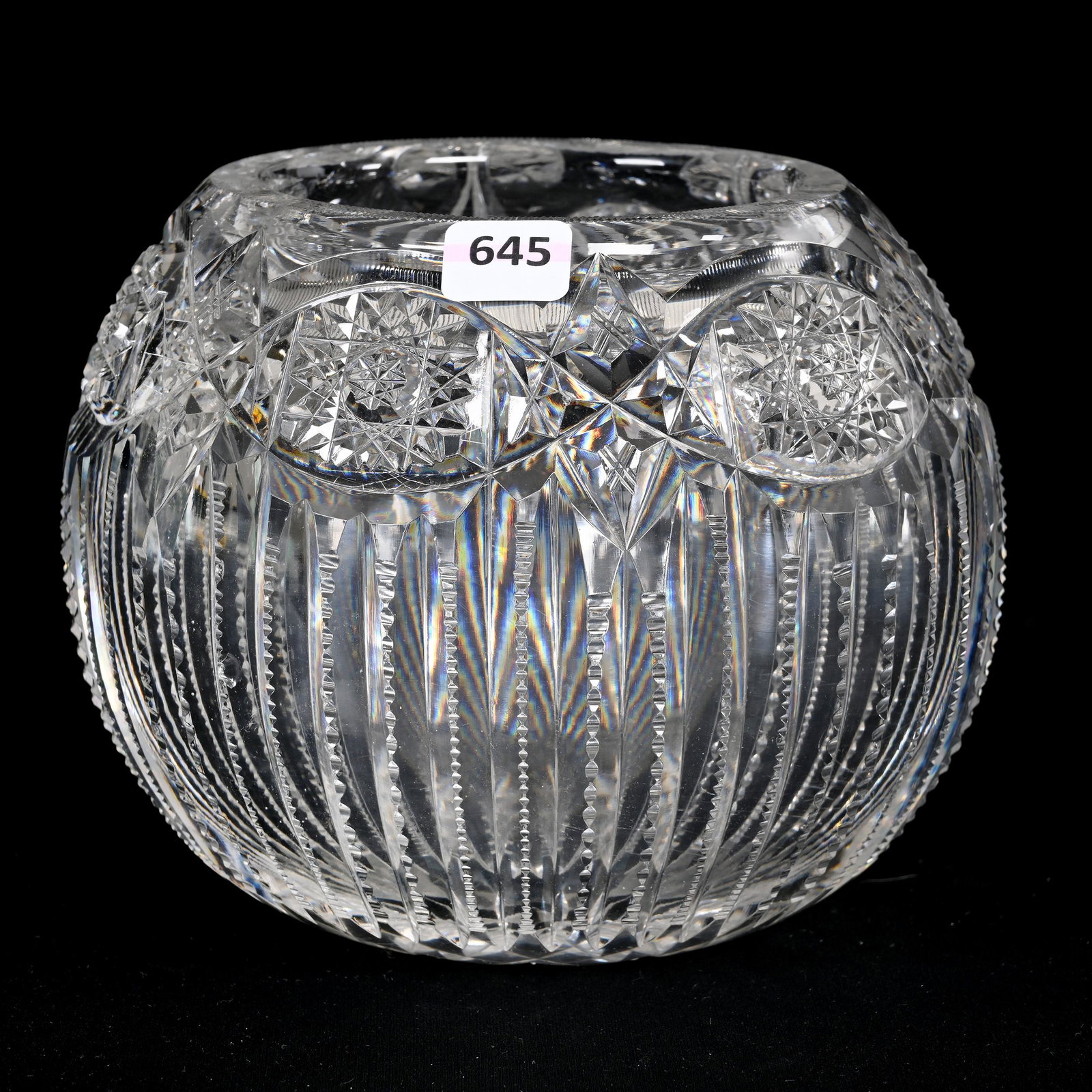 Rose Bowl, American Brilliant Cut Glass: Rose Bowl, American Brilliant Cut Glass, 5.75" x 7", Prism Cut Body, Vesica, Hobstar And Crosshatch Motif, Hobstar Base, Estate Of Dr. Barry and Dee Free.