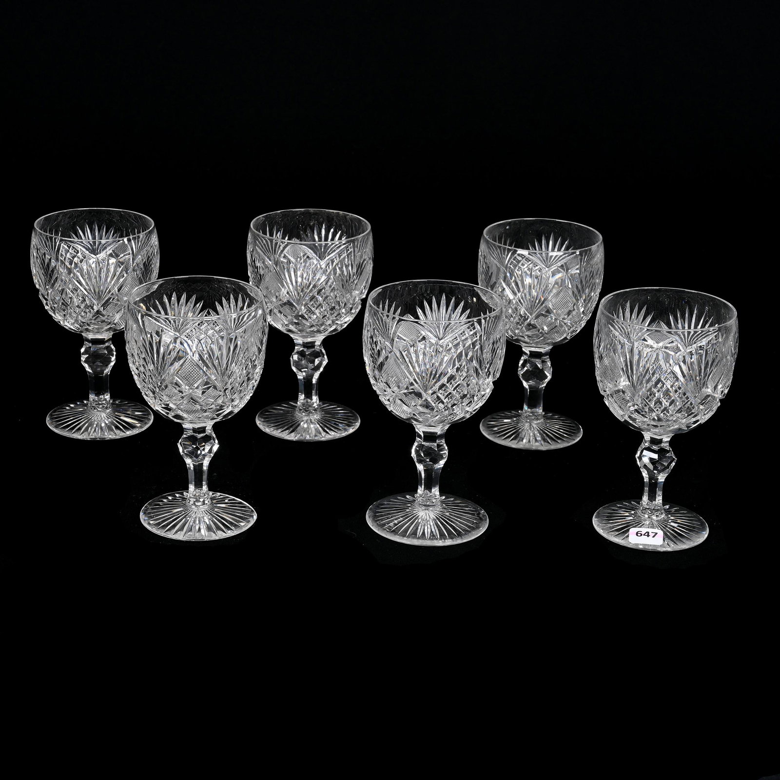 (6) Goblets, American Brilliant Cut Glass, Princess Pattern By Libbey: (6) Goblets, American Brilliant Cut Glass, Princess Pattern By Libbey, 6.25" x 3.5", Ray Cut Foot, One With Significant Foot Polish, Estate Of Dr. Barry and Dee Free.