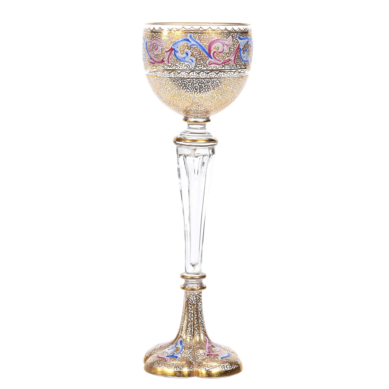 Wine Stem, Clear Bohemian Art Glass: Wine Stem, Clear Bohemian Art Glass, 8.5" x 2.75", Extensive Enamel Floral Highlights, Gold Stencil Decor, Slight Rim Nick, Estate Of Dr. Barry and Dee Free.