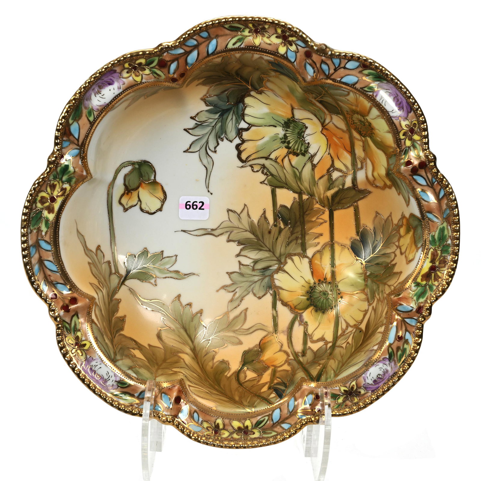 Bowl Marked Nippon: Bowl Marked Nippon, 11.75", Cream Tones, Yellow Poppy Decor, Nice Gold Highlights, Estate Of Dr. Barry and Dee Free.