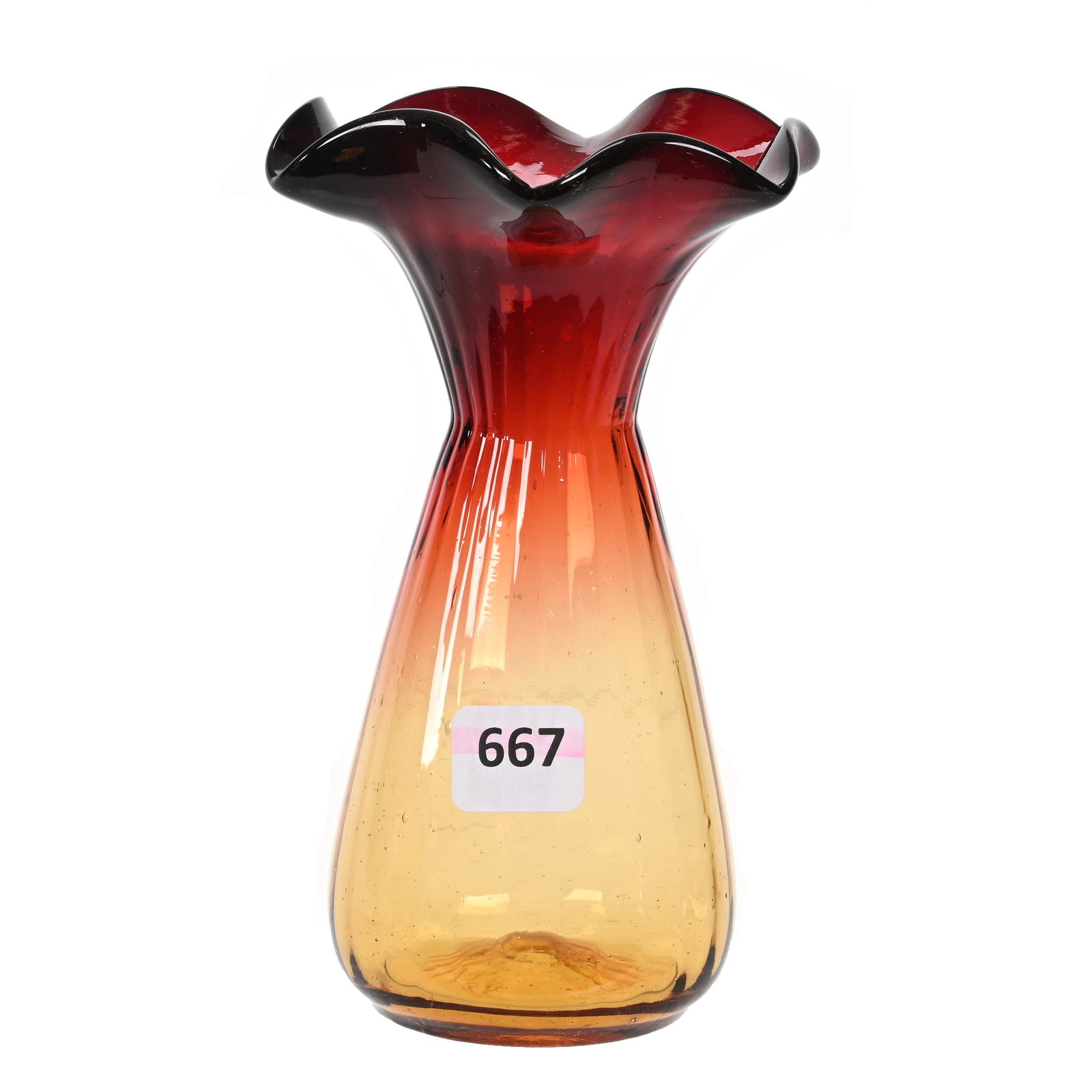 Vase, Amberina Optic Rib Art Glass: Vase, Amberina Optic Rib Art Glass, 6" x 3.75", Flared Ruffled Rim, Estate Of Dr. Barry and Dee Free.