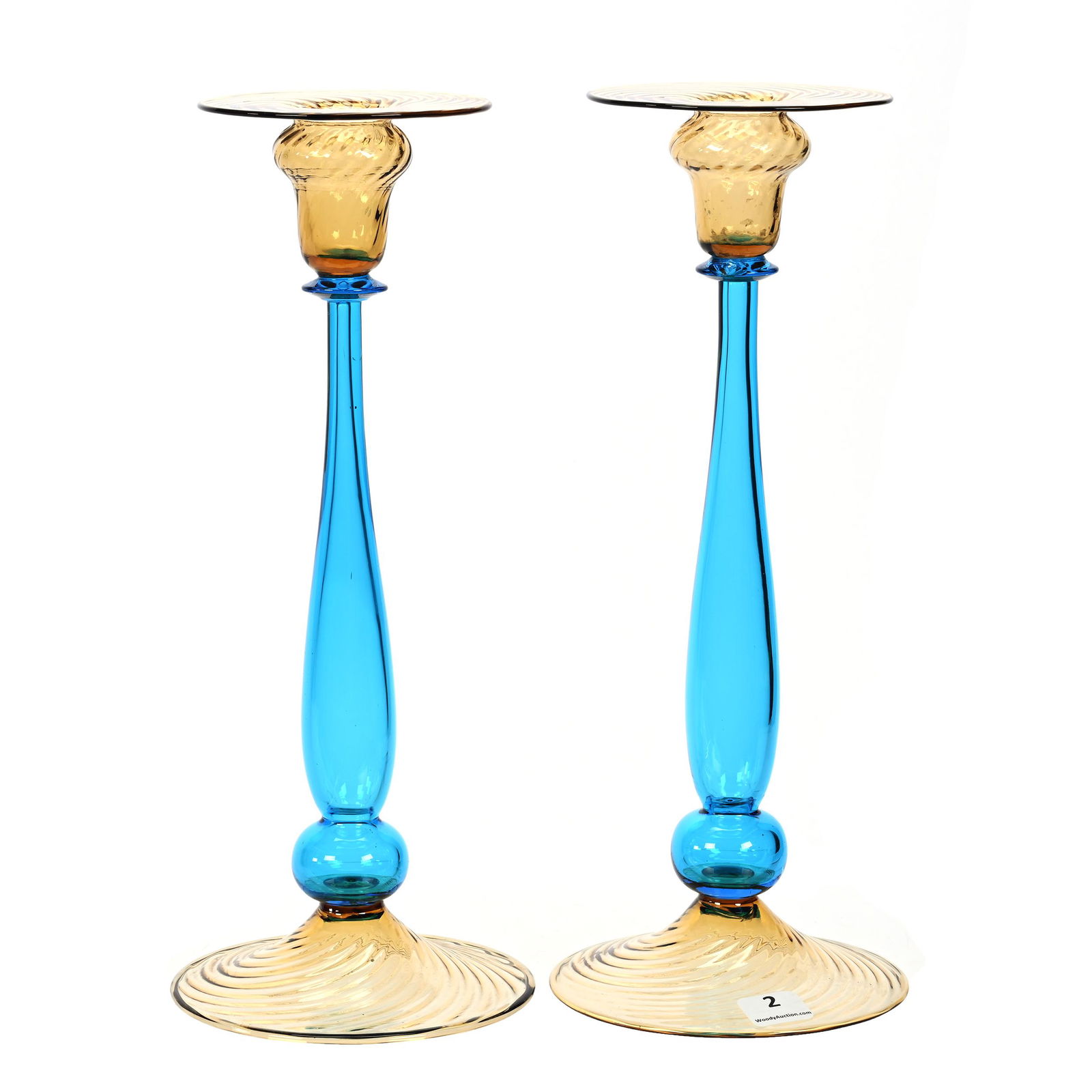 Pair Candlesticks, Unmarked Steuben Art Glass (1 of 3)