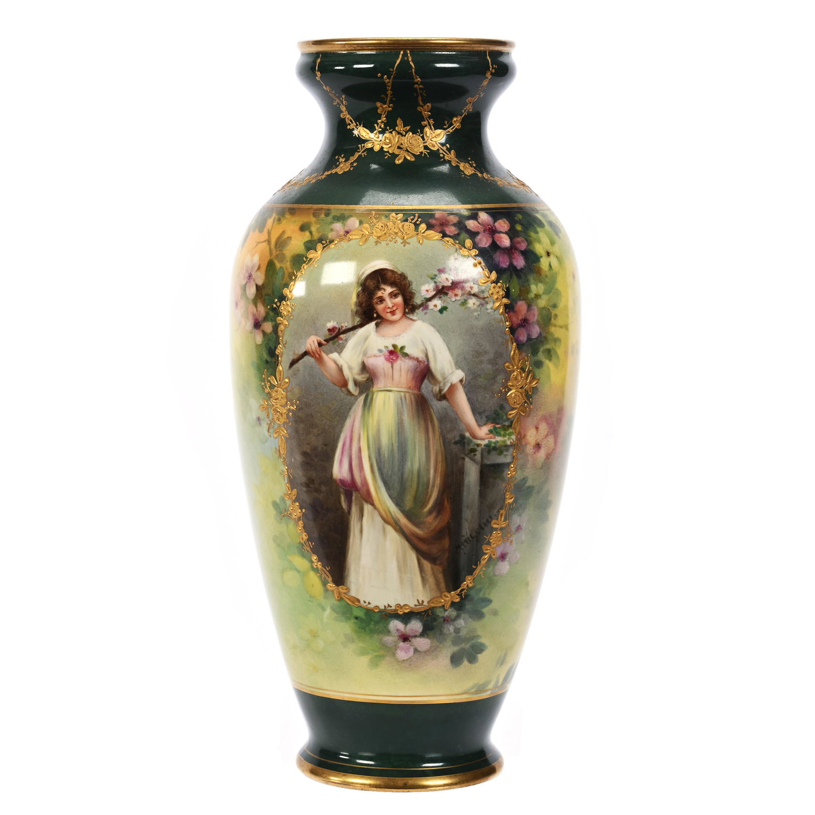 Vase Marked Royal Bonn: Vase Marked Royal Bonn, 12" x 5.5", Green And Yellow Tones, Medallion Portrait Of Young Woman Standing With Branch Of Blossoms, Artist Signed, Gold Garland Highlights, Elfriede & Martin Miller Estate,