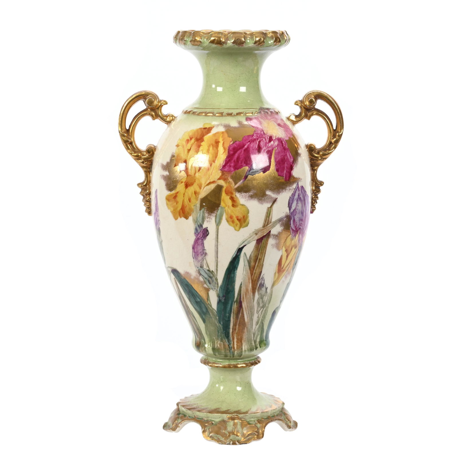 Pedestal Vase Marked Royal Bonn: Pedestal Vase Marked Royal Bonn, 14.5" x 8", Cream And Green Tones, Colorful Iris Decor, Gold Trim Highlights, Elfriede & Martin Miller Estate, North Dakota.