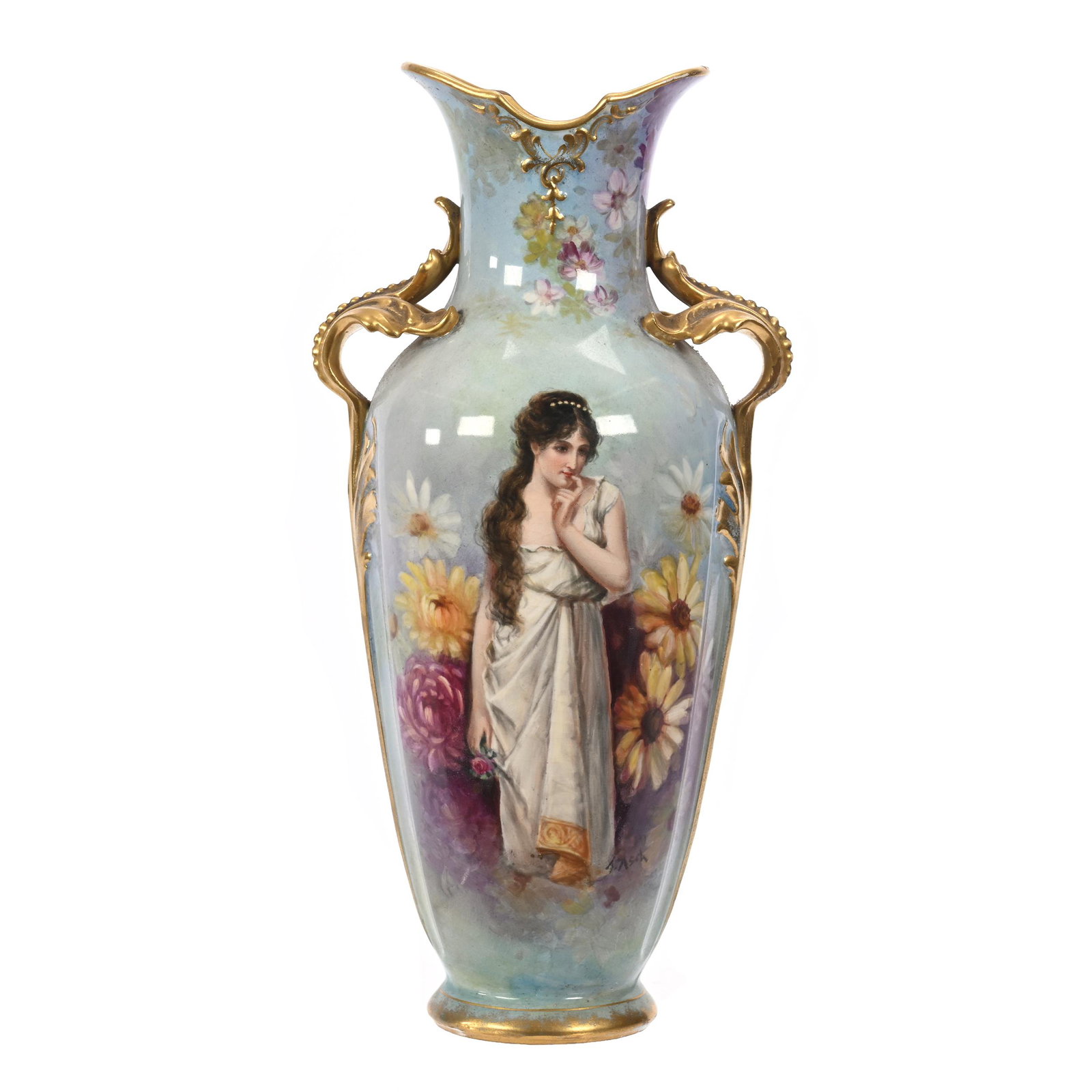 Vase Marked Royal Bonn, Two Handles: Vase Marked Royal Bonn, Two Handles, 14.75" x 7.25", Pastel Blue Tones, Young Woman Among Flowers, Lake Scene On Reverse, Gold Trim, Artist Signed, Surface Chip On One Handle That Is Difficult To See,