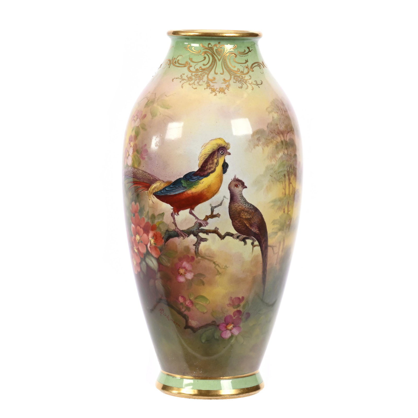 Vase Marked Royal Bonn: Vase Marked Royal Bonn, 8.75" x 4.25", Colorful Crested Pheasant Decor, Floral And Gold Trim Highlights, Artist Signed Dirkmann, Elfriede & Martin Miller Estate, North Dakota.