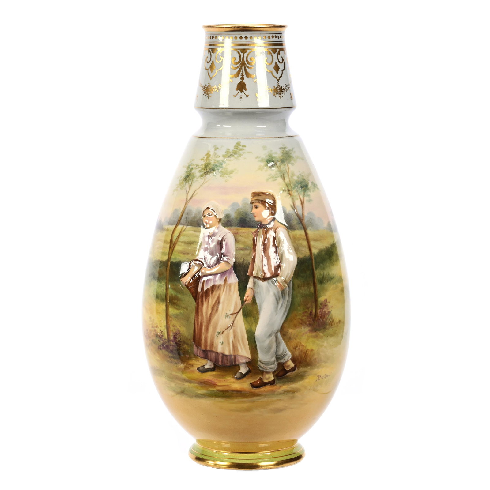 Vase Marked Royal Bonn: Vase Marked Royal Bonn, 14" x 6.5", Beautiful Farm Scene With Embossed Man And Woman Walking Along Pathway, Artist Signed Bode, Gold Stencil Highlights, Elfriede & Martin Miller Estate, North Dakota.