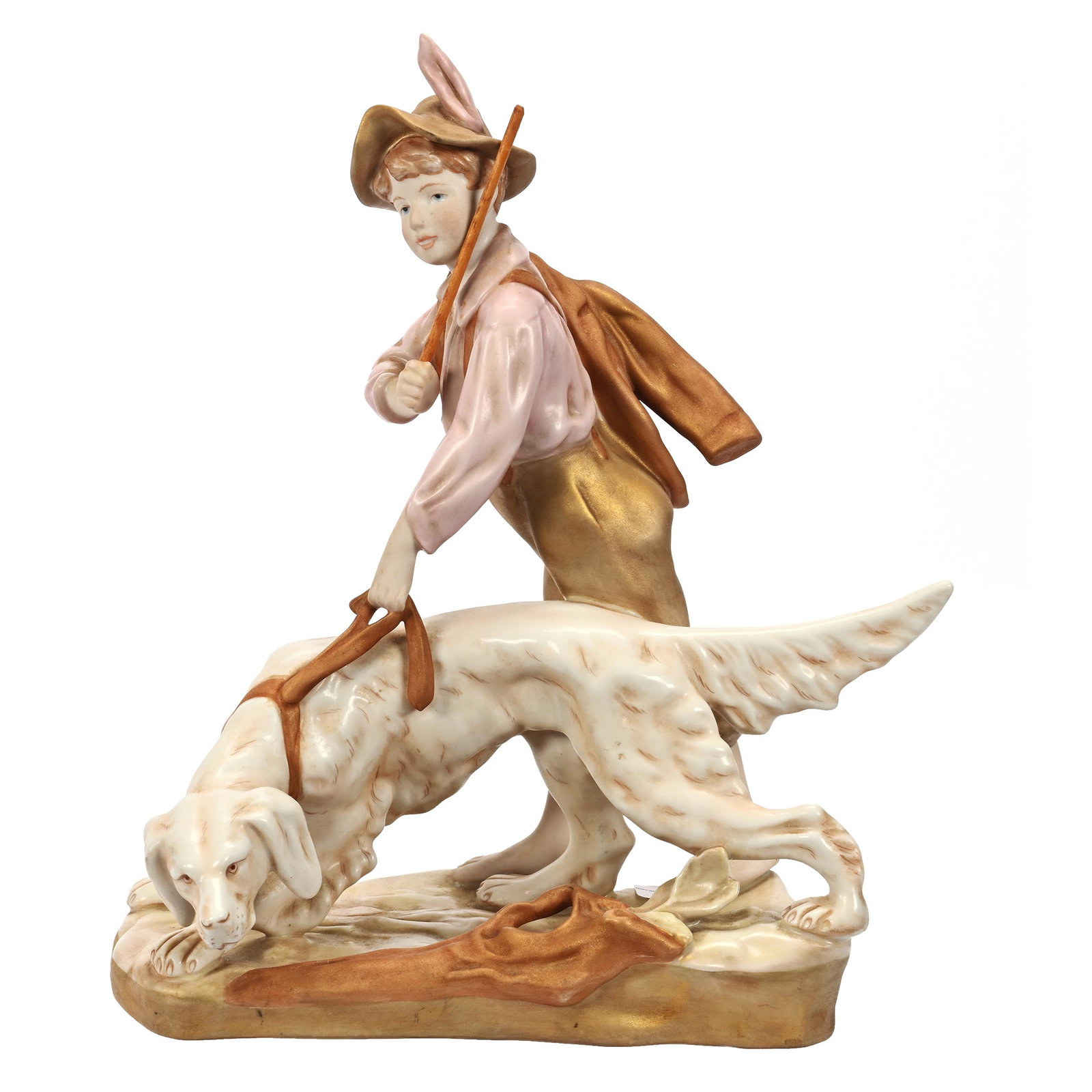 Figural Group Marked Royal Dux: Figural Group Marked Royal Dux, 13.25" x 10.5", Boy With Dog On Point, Elfriede & Martin Miller Estate, North Dakota.