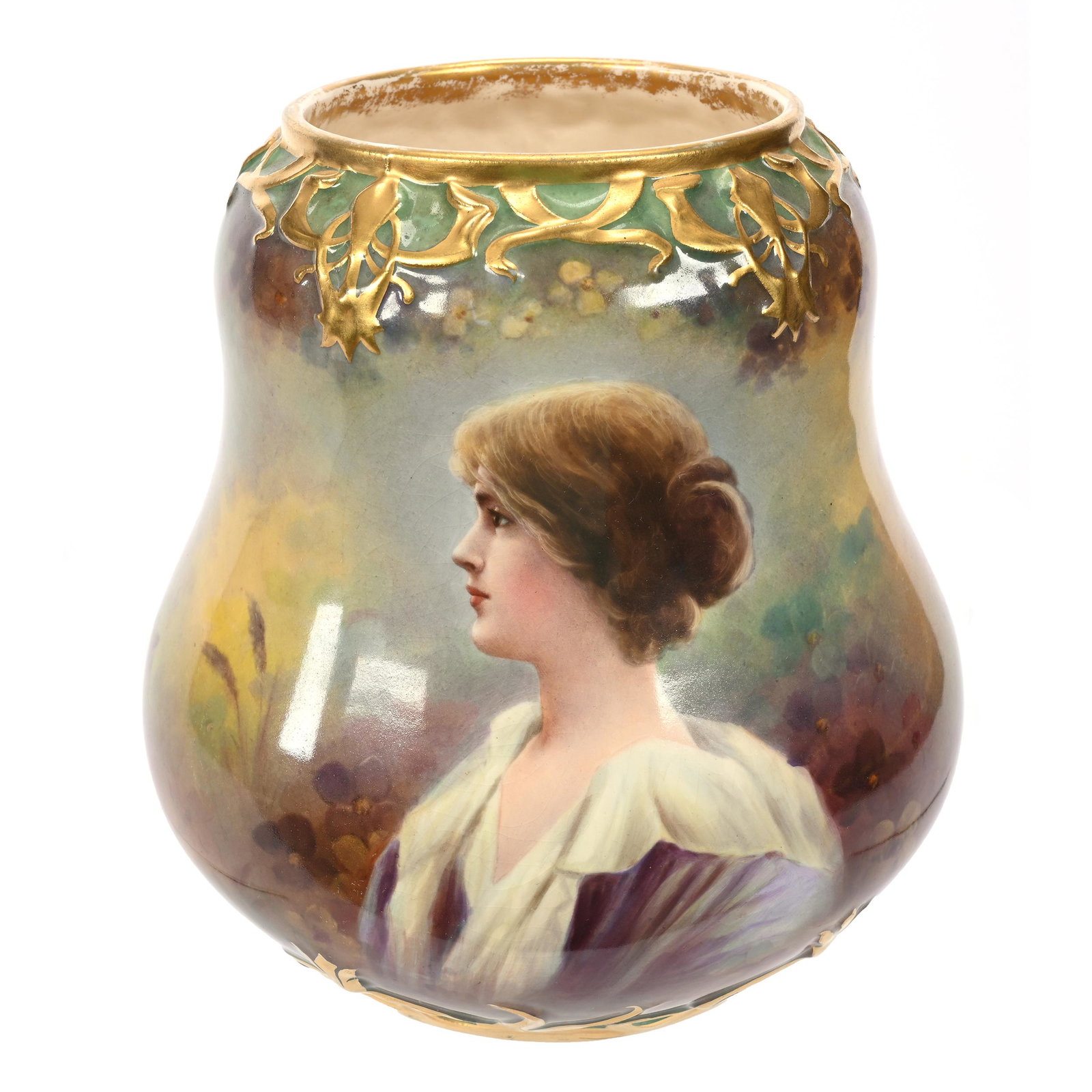 Vase Marked Royal Bonn: Vase Marked Royal Bonn, 8" x 7.5", Brown, Yellow, Blue, Green And Cream Tones, Portrait Of Young Woman, Lake Scene On Reverse, Embossed Gold Floral Border, Artist Signed, Elfriede & Martin Miller Esta