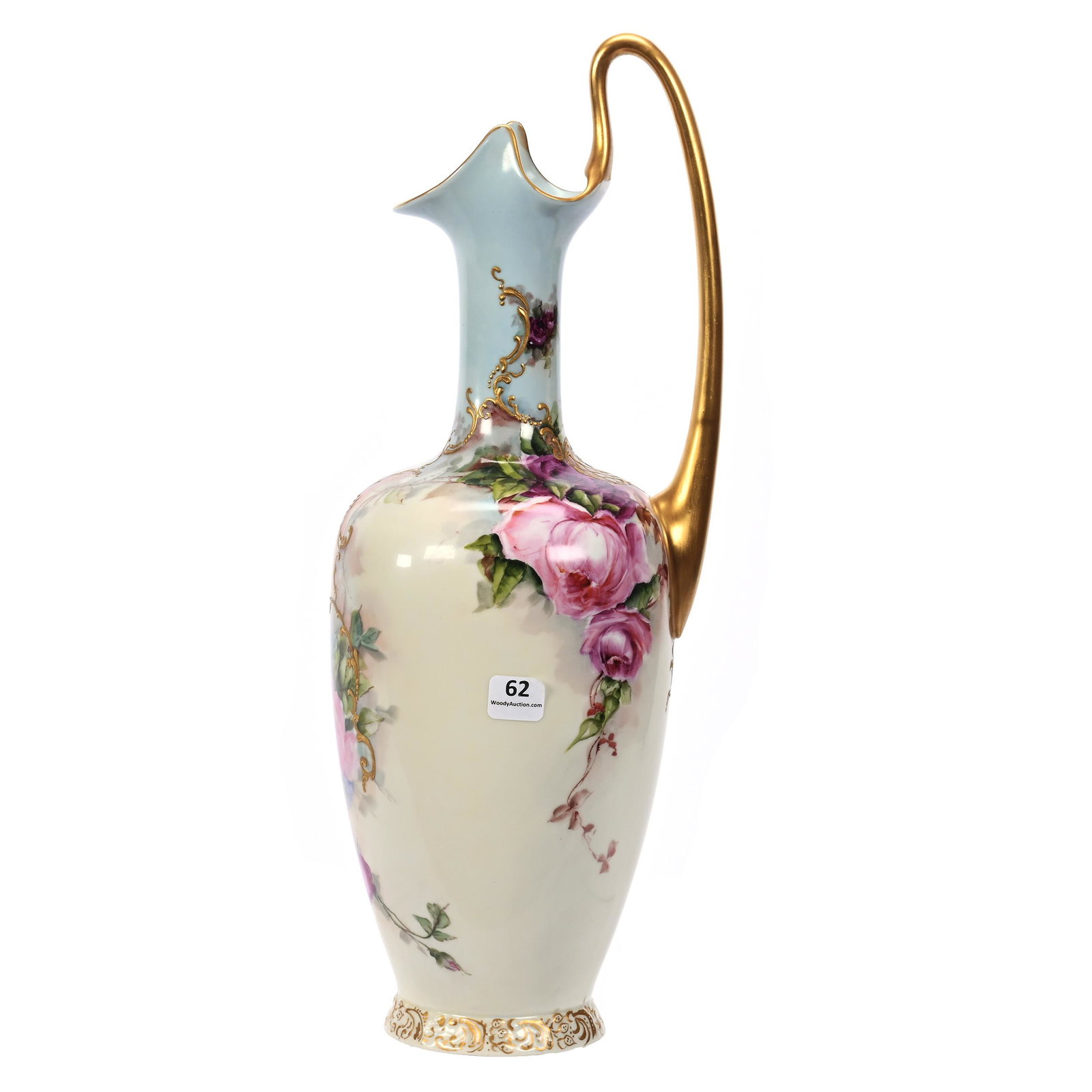 Ewer Marked J.P. Limoges: Ewer Marked J.P. Limoges, 16.25" x 6", Blue And Cream Tones, Pink Roses, Gold Trim And Scroll Design, New Jersey Collection.