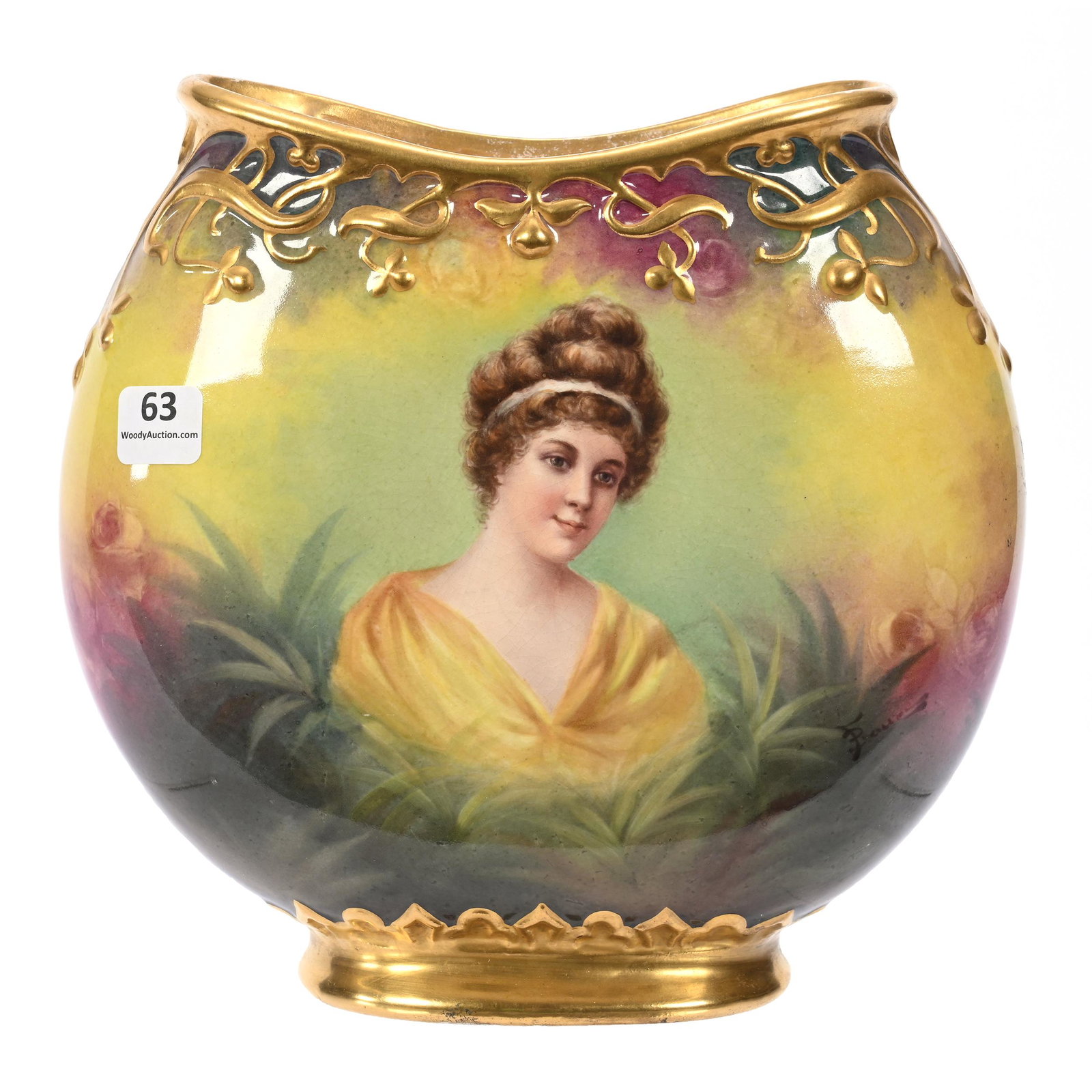 Vase Marked Royal Bonn: Vase Marked Royal Bonn, 8.25" x 8.5", Moon Shape, Green, Yellow, Lavender Tones, Portrait Of Young Woman, Embossed Floral Gold Rim, Artist Signed, Elfriede & Martin Miller Estate, North Dakota.